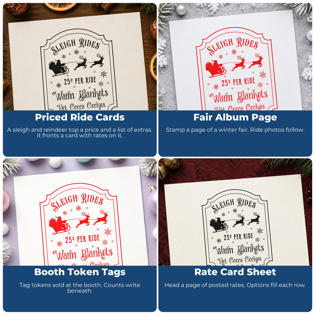 Four ways to use the Sleigh Rides Warm Blankets Slim Pre-Inked Stamp: priced ride cards, fair album page, booth token tags and rate card sheet.