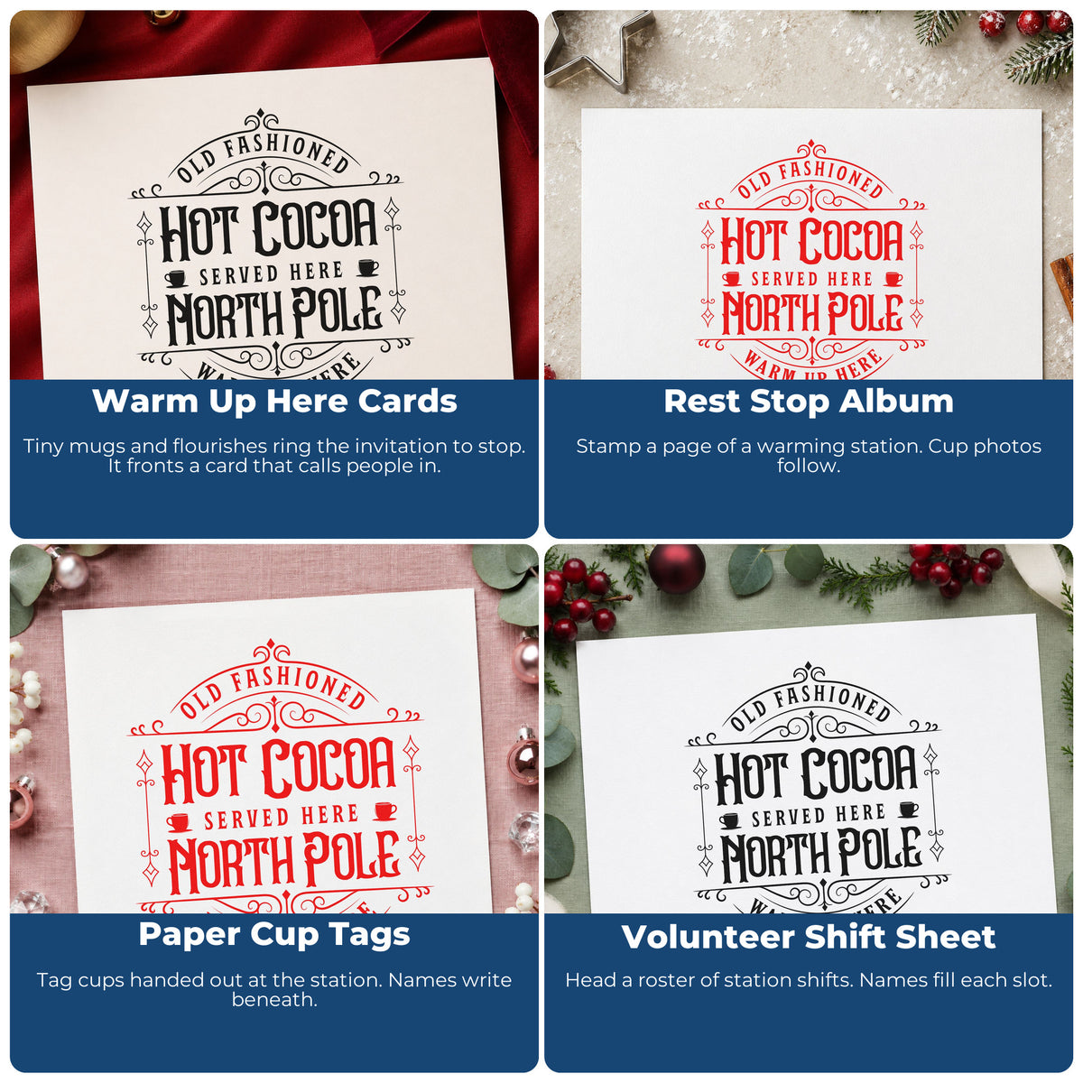 Four ways to use the Old Fashioned North Pole Cocoa PSI Pre-Inked Stamp: warm up here cards, rest stop album, paper cup tags and volunteer shift sheet.