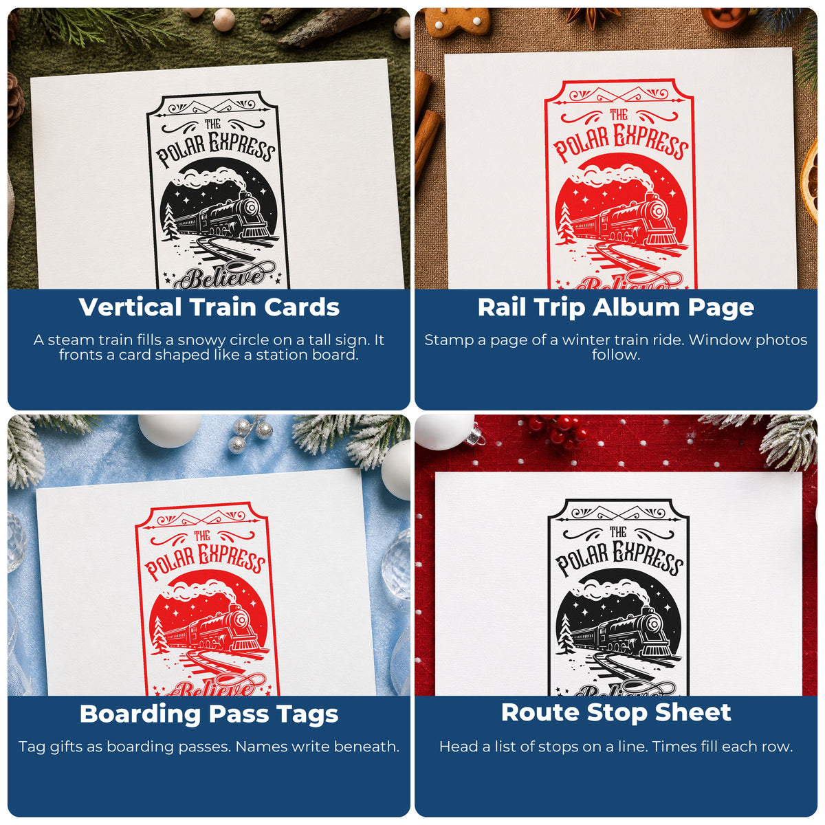 Four ways to use the Polar Express Believe Train Circular Layout Stamp – Self-Inking: vertical train cards, rail trip album page, boarding pass tags and route stop sheet.