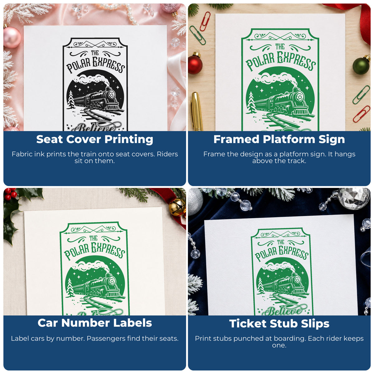 Four ways to use the Polar Express Believe Train Circular Layout Stamp – Self-Inking: seat cover printing, framed platform sign, car number labels and ticket stub slips.