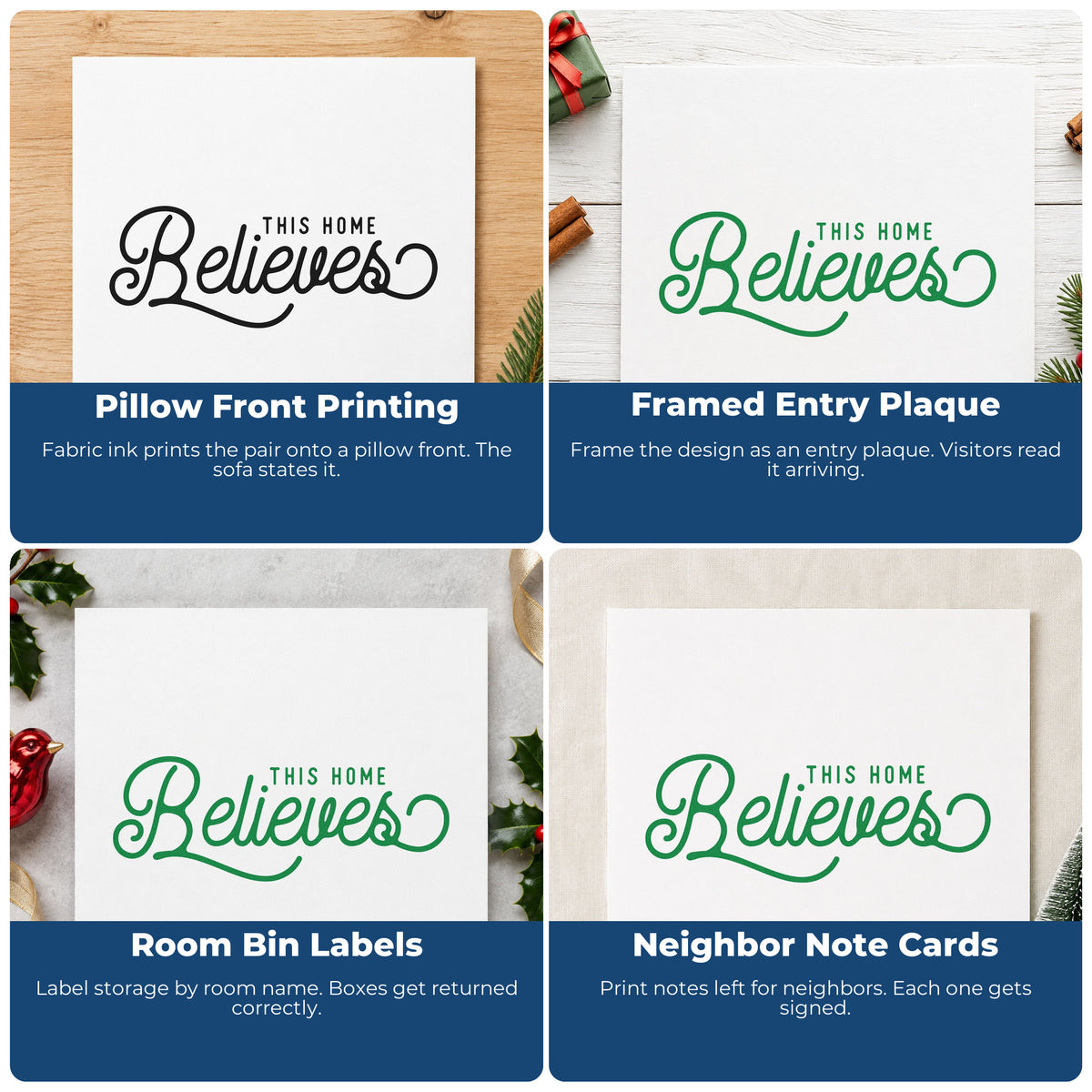 Christmas rubber stamp designs for envelopes, cookie exchange labels, scrapbooks, and DIY candles with festive holiday lettering.