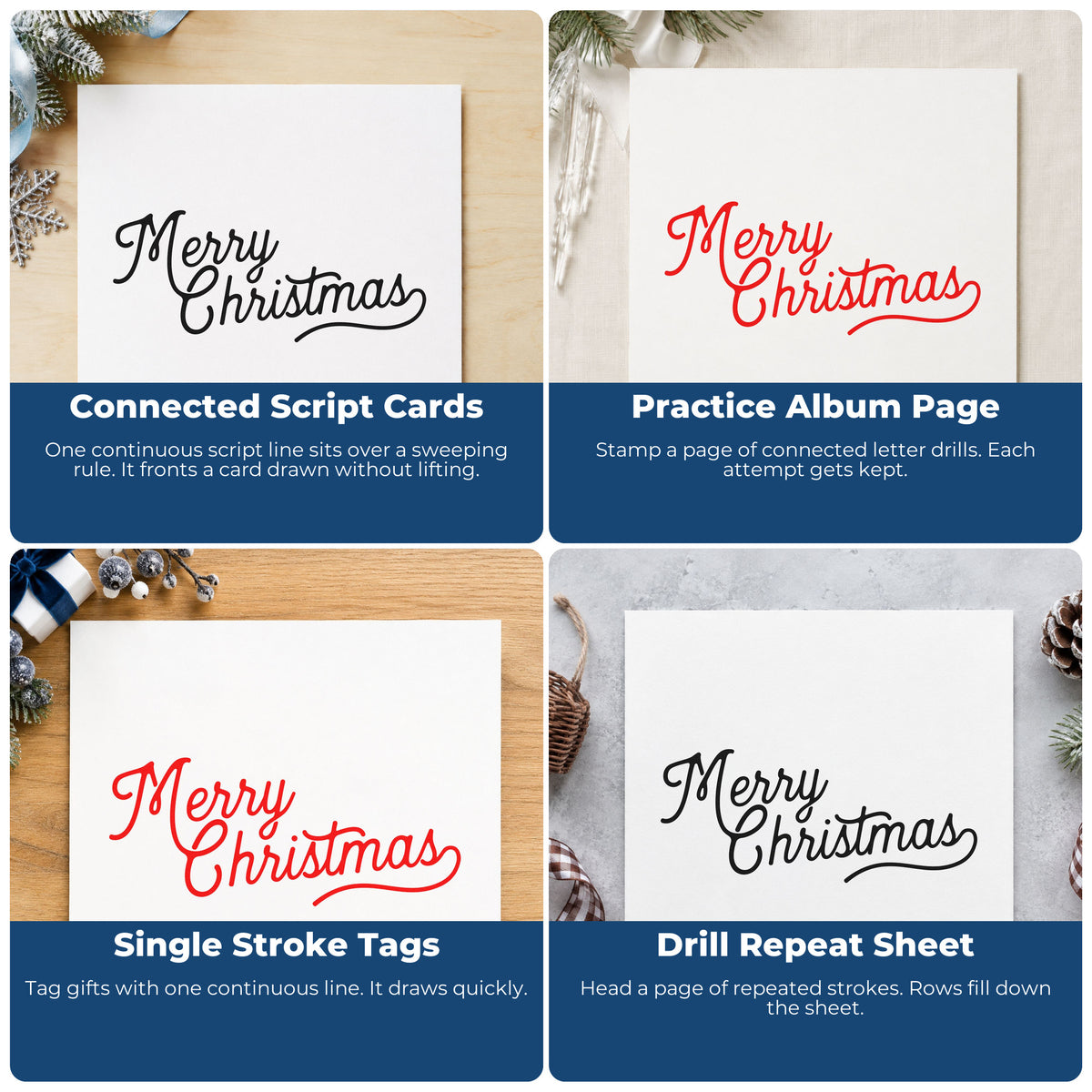 Four ways to use the Merry Christmas Underline Flourish Stamp – PSI Pre-Inked: connected script cards, practice album page, single stroke tags and drill repeat sheet.