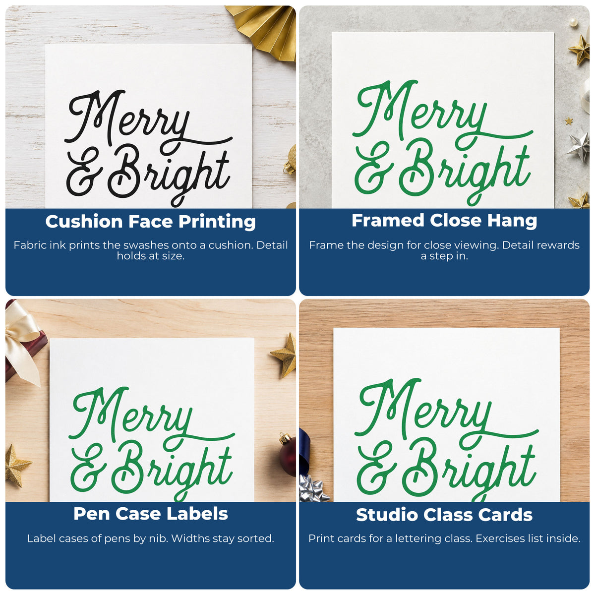 Four ways to use the PSI Pre-Inked Merry And Bright Script Lettering Stamp: cushion face printing, framed close hang, pen case labels and studio class cards.