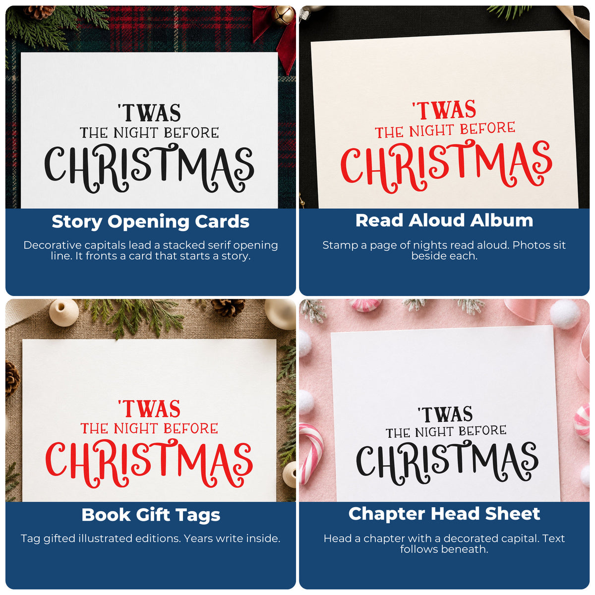 Four ways to use the Twas The Night Before Christmas Slim Pre-Inked Stamp: story opening cards, read aloud album, book gift tags and chapter head sheet.
