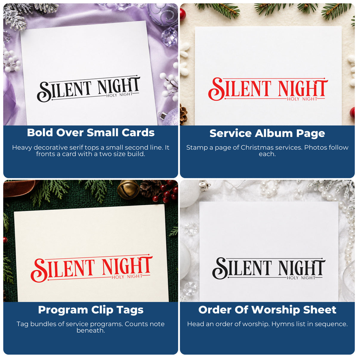 Four ways to use the Self-Inking Silent Night Holy Night Stamp: bold over small cards, service album page, program clip tags and order of worship sheet.