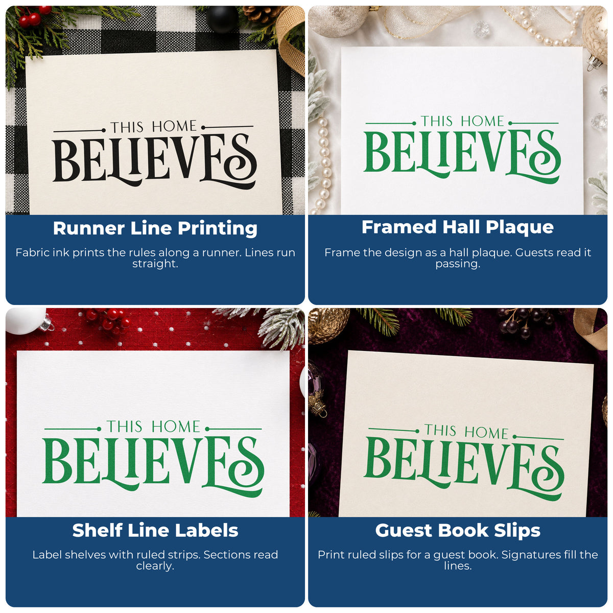 Four ways to use the This Home Believes Serif Rubber Stamp – Duo Hand: runner line printing, framed hall plaque, shelf line labels and guest book slips.