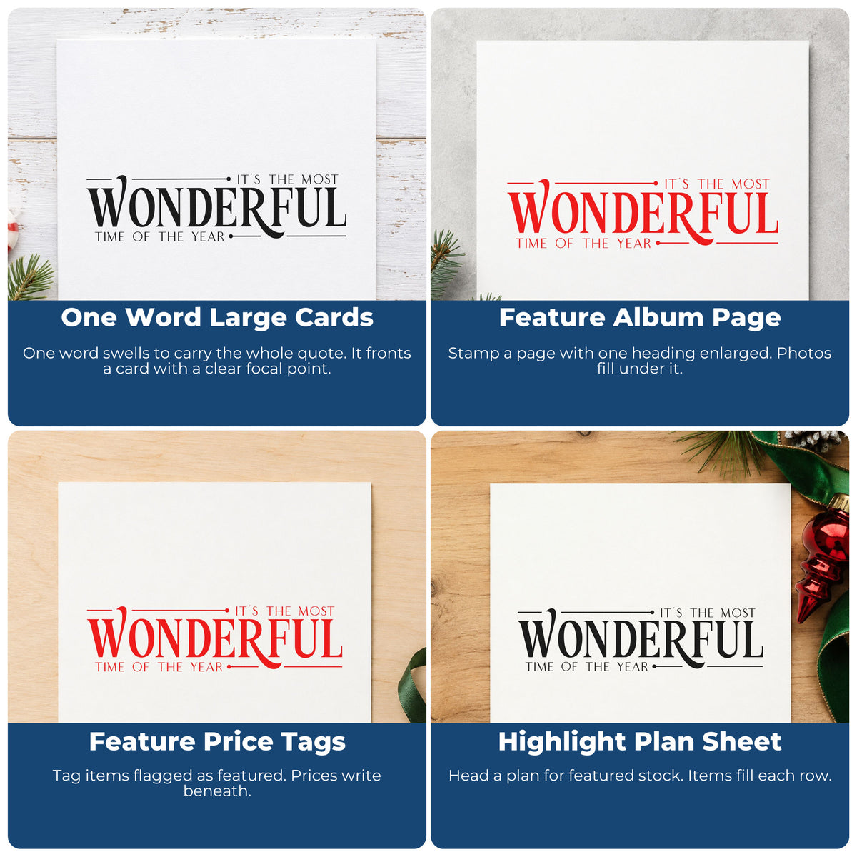 Four ways to use the It's The Most Wonderful Time Of The Year Serif Typography Pre-Inked Stamp – Slim: one word large cards, feature album page, feature price tags and highlight plan sheet.