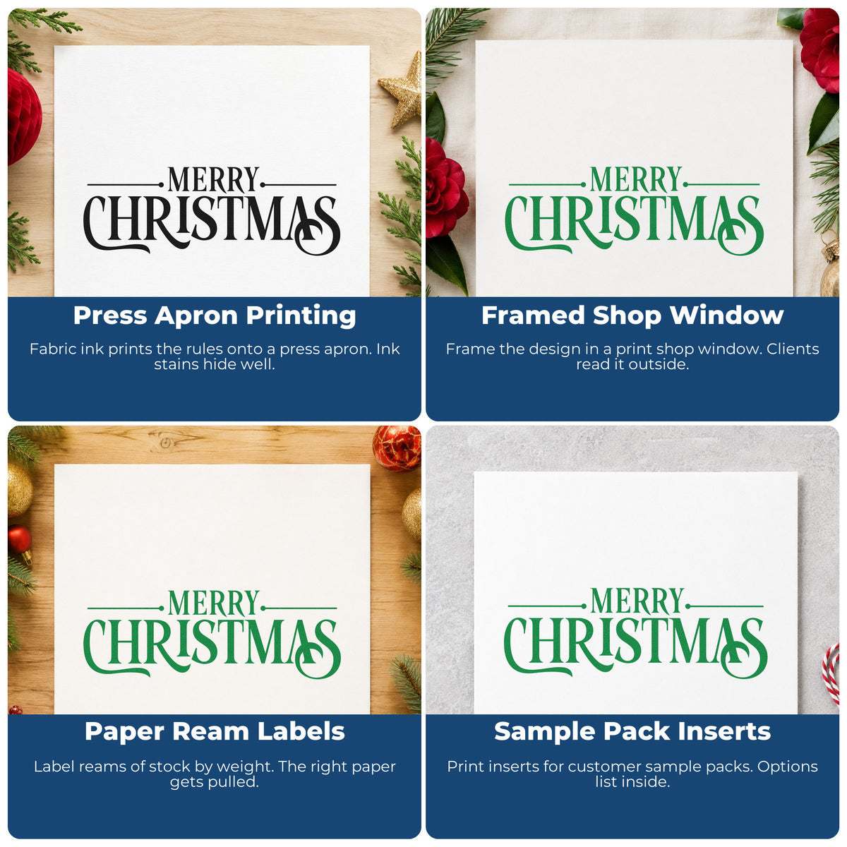 Holiday rubber stamp ideas for envelopes, cookie labels, scrapbooks, and DIY candles with festive Christmas lettering and icons.