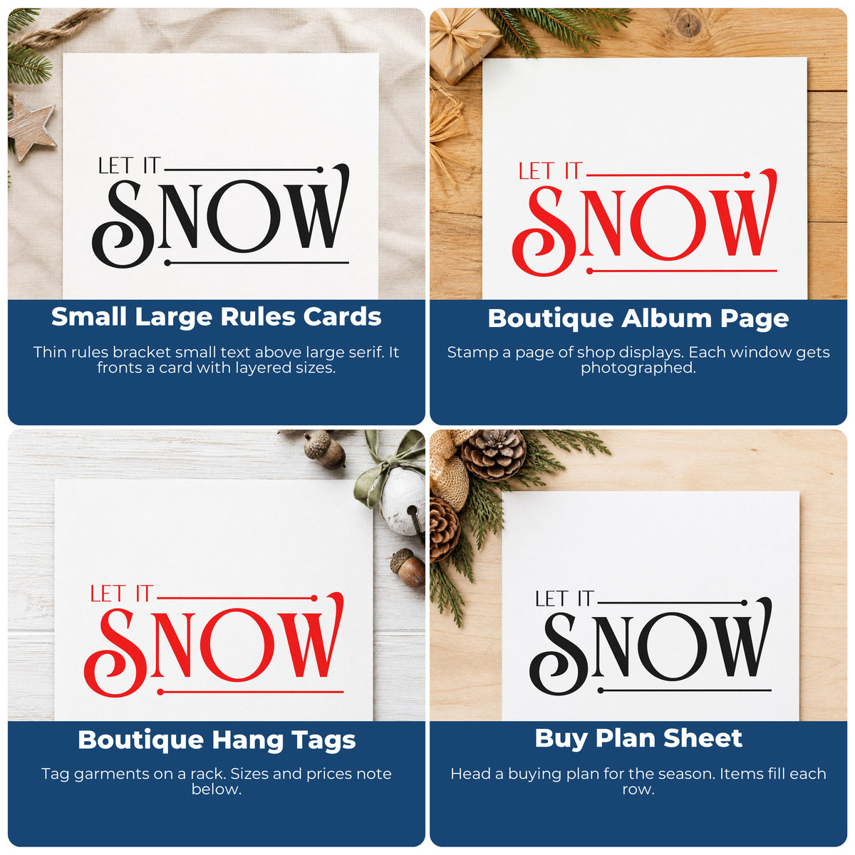 Four ways to use the Let It Snow Serif Lettering Stamp – Self-Inking: small large rules cards, boutique album page, boutique hang tags and buy plan sheet.