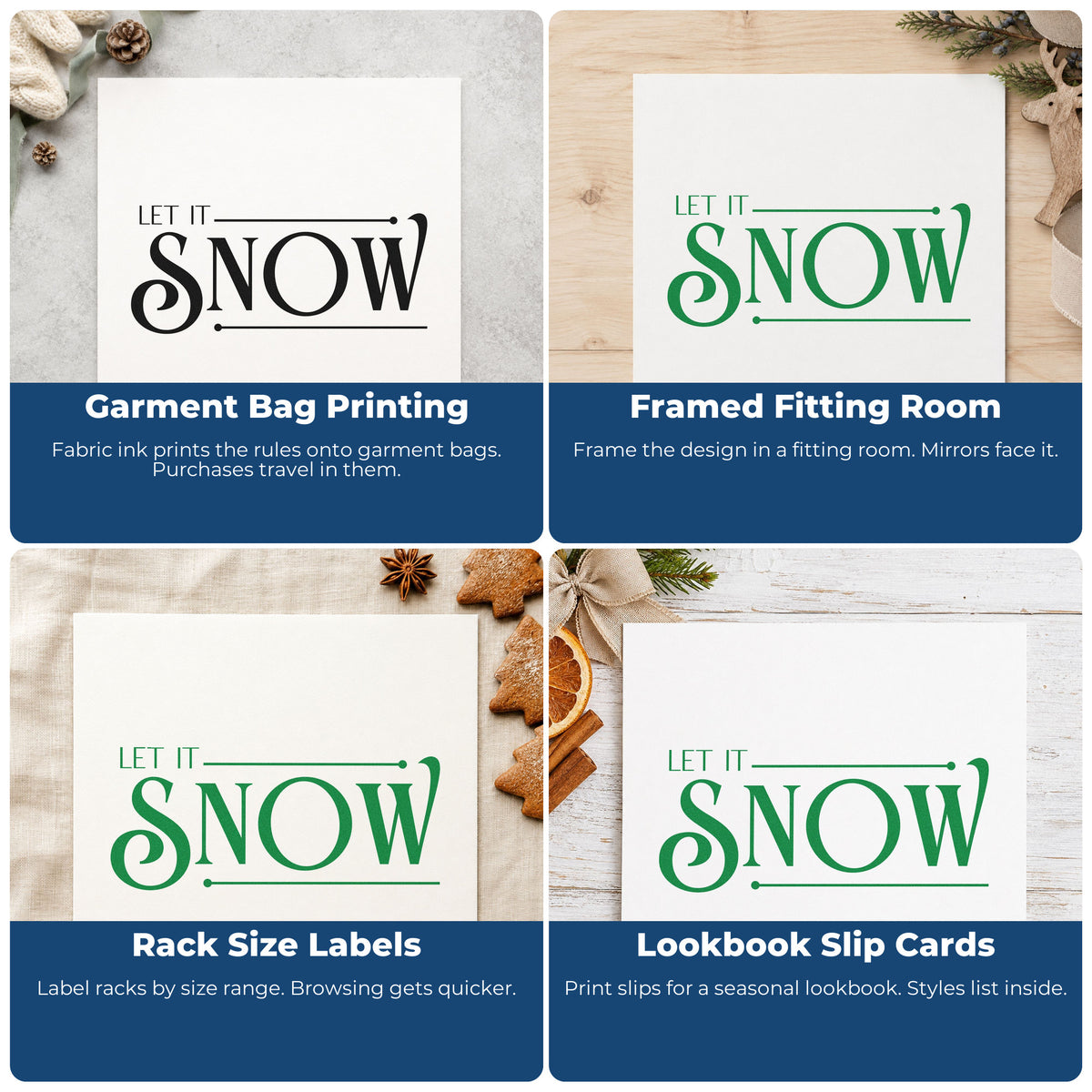 Four ways to use the Let It Snow Serif Lettering Stamp – Self-Inking: garment bag printing, framed fitting room, rack size labels and lookbook slip cards.