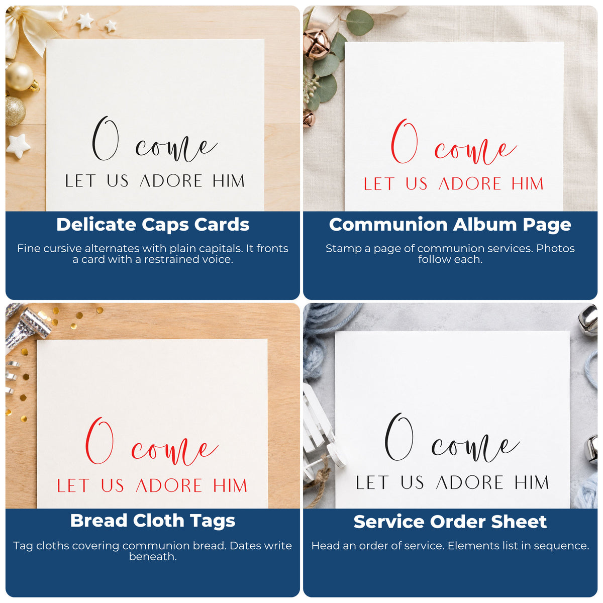Four ways to use the O Come Let Us Adore Him Lettering Slim Pre-Inked Stamp: delicate caps cards, communion album page, bread cloth tags and service order sheet.