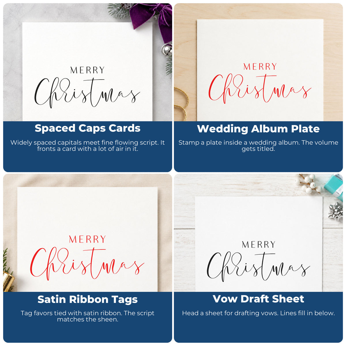 Christmas rubber stamp ideas for gift wrap, holiday cards, advent calendars, and ornaments with festive designs and sayings.
