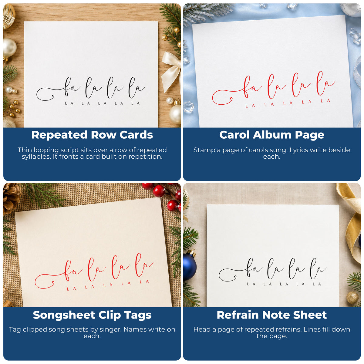 Holiday rubber stamp ideas for wrapping paper, greeting cards, advent calendars, and Christmas ornaments with festive designs.