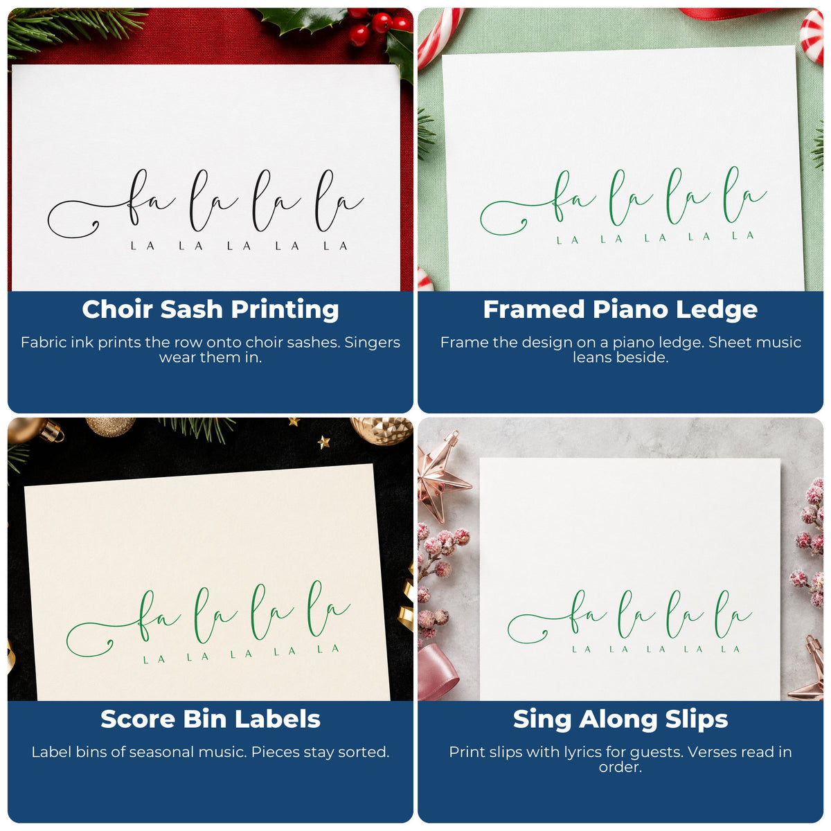 Holiday rubber stamp collage showing Christmas baking, envelope decor, cookie labels, scrapbooking, and DIY candle gift ideas.