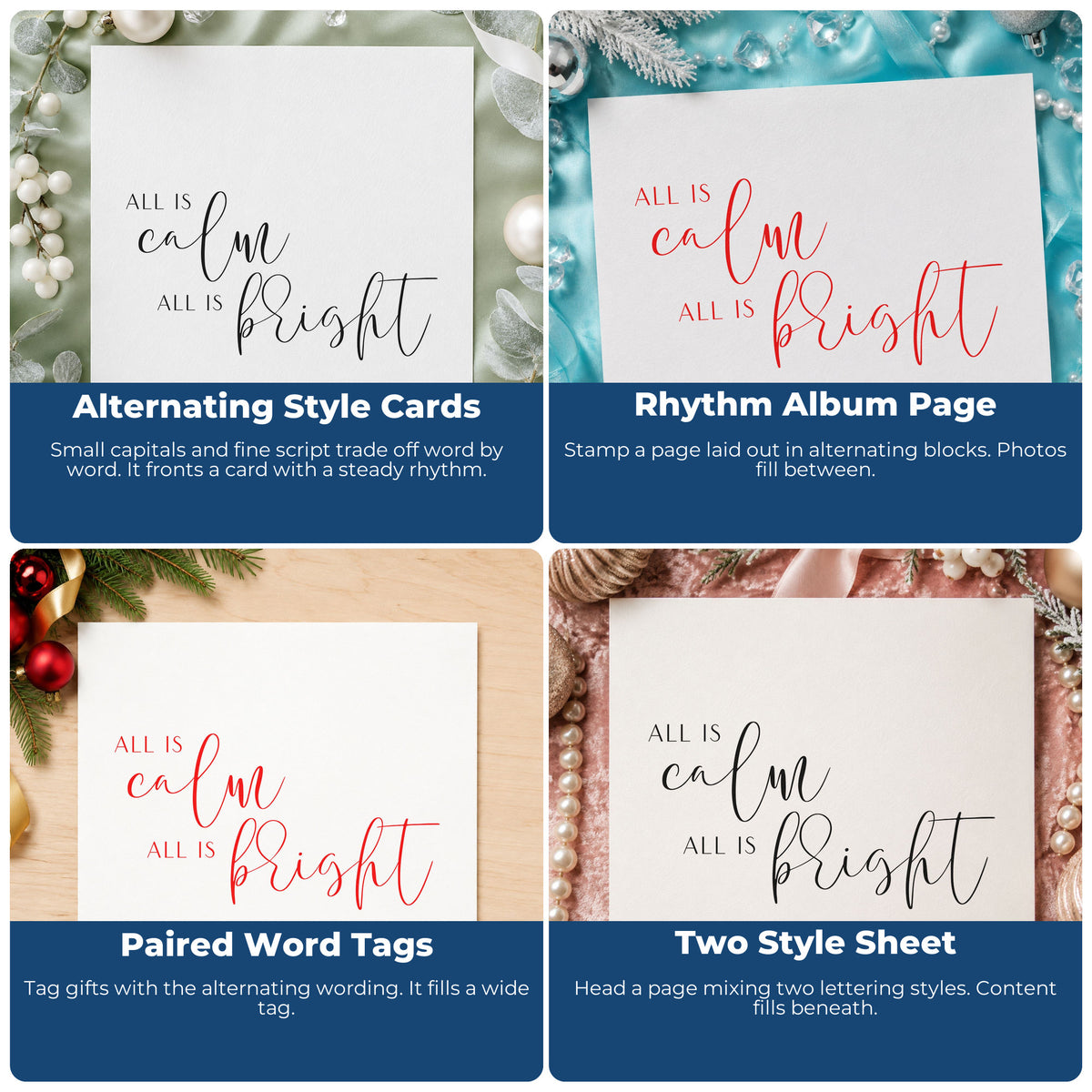 Four ways to use the All Calm All Bright Word Art Hand Stamp – Duo: alternating style cards, rhythm album page, paired word tags and two style sheet.