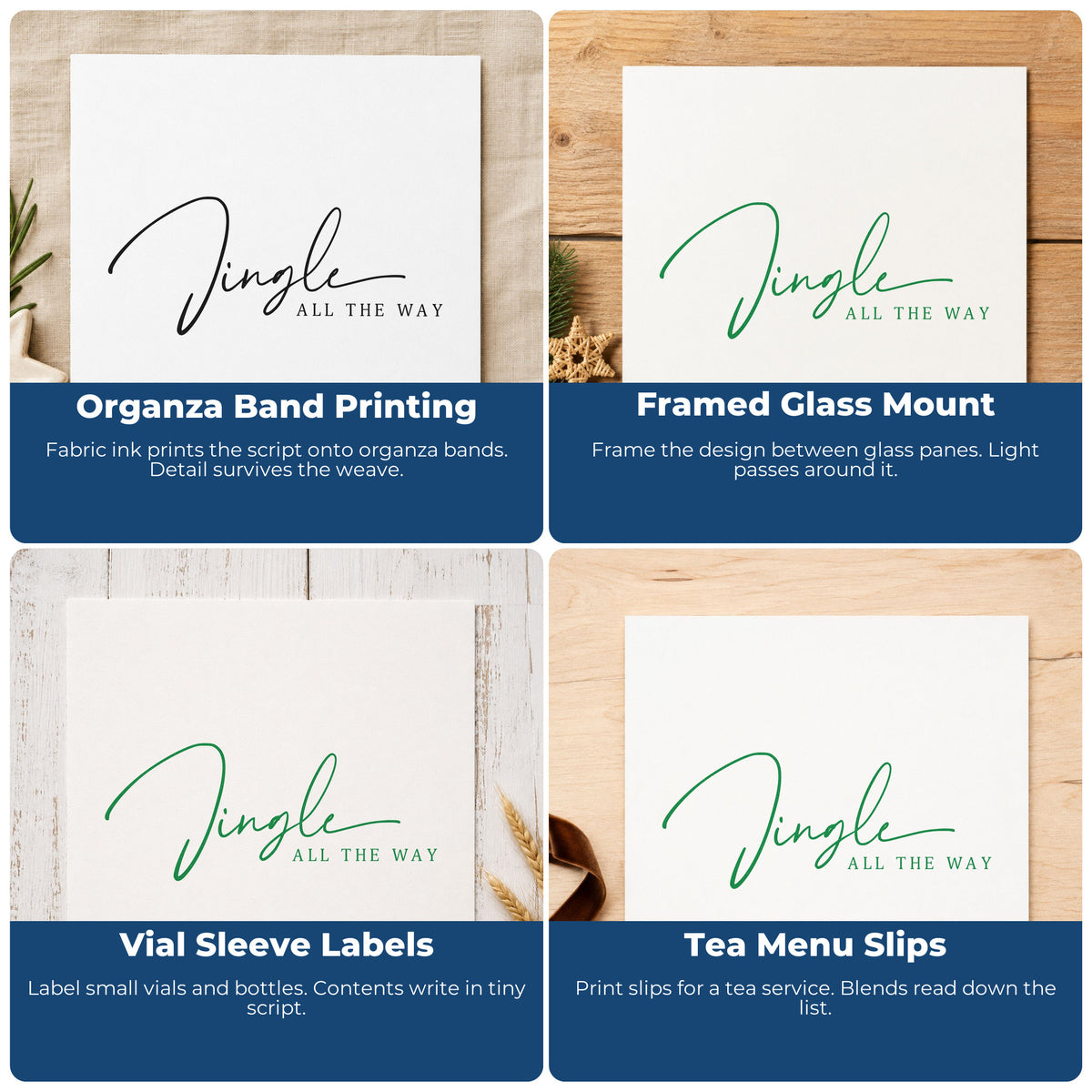 Four ways to use the Jingle All The Way Fine Slim Pre-Inked Stamp: organza band printing, framed glass mount, vial sleeve labels and tea menu slips.