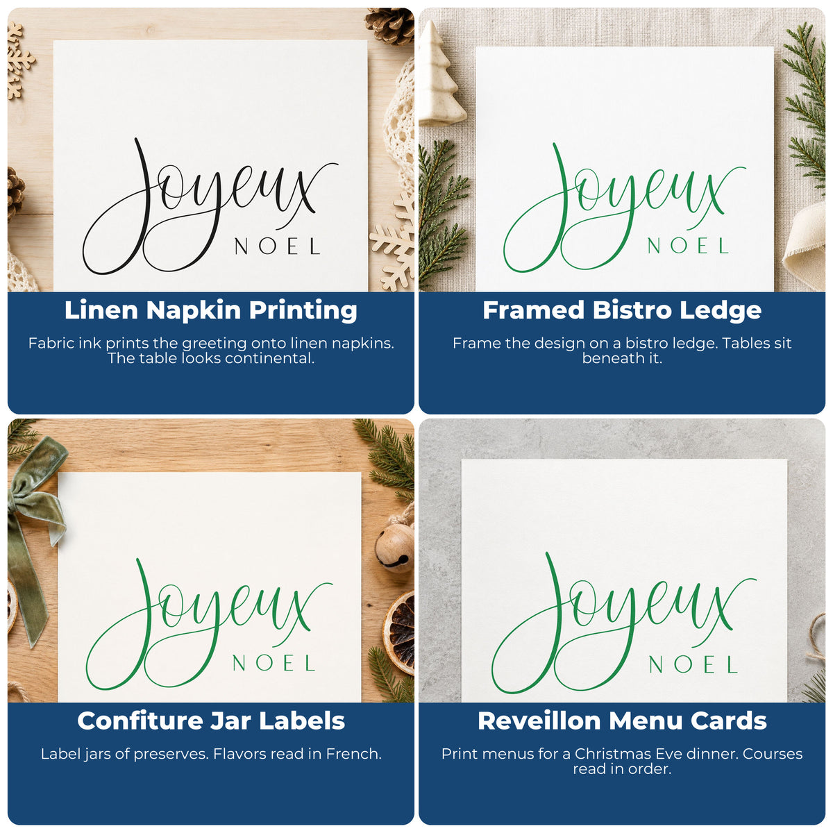Four ways to use the Joyeux Noel Craft Stamp – Self-Inking: linen napkin printing, framed bistro ledge, confiture jar labels and reveillon menu cards.