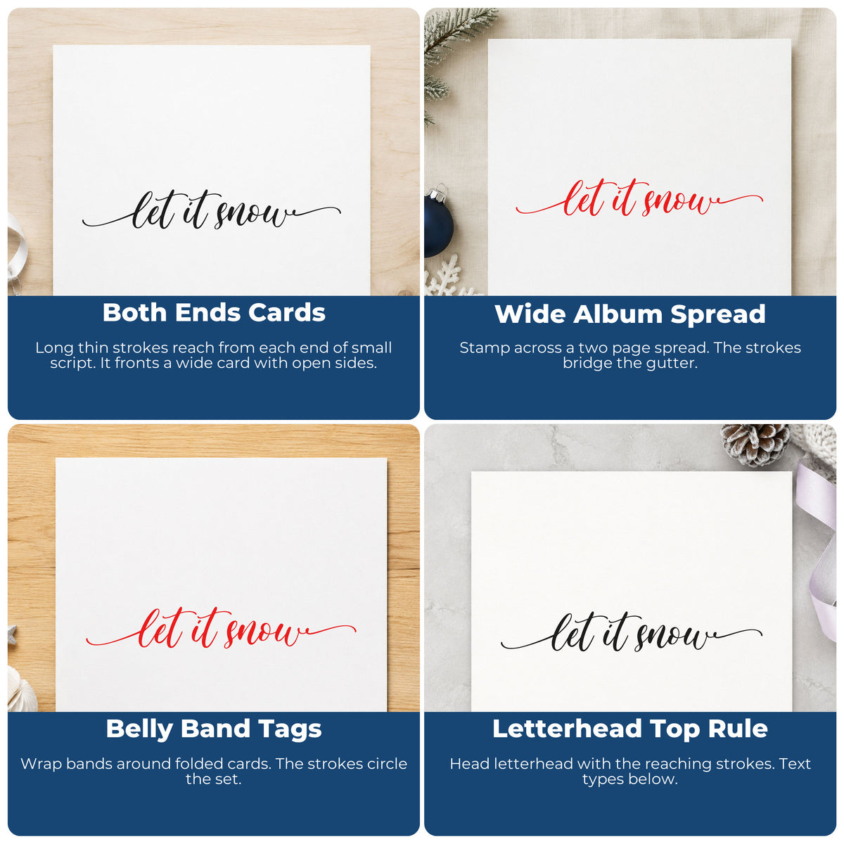 Christmas rubber stamp ideas for wrapping paper, greeting cards, advent calendars, and ornaments with festive holiday sayings.