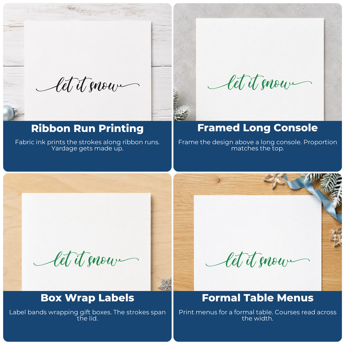 Holiday rubber stamp ideas for envelopes, cookie labels, scrapbooks, and DIY candles with festive Christmas lettering.