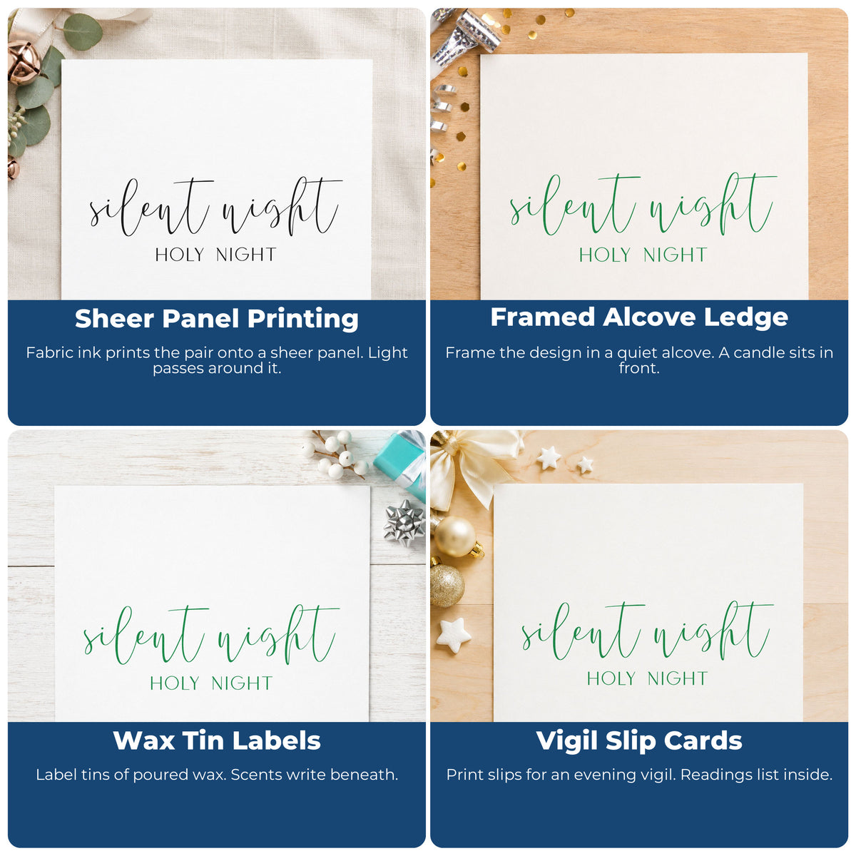 Four ways to use the Silent Night Holy Night Script Lettering Self-Inking Stamp: sheer panel printing, framed alcove ledge, wax tin labels and vigil slip cards.