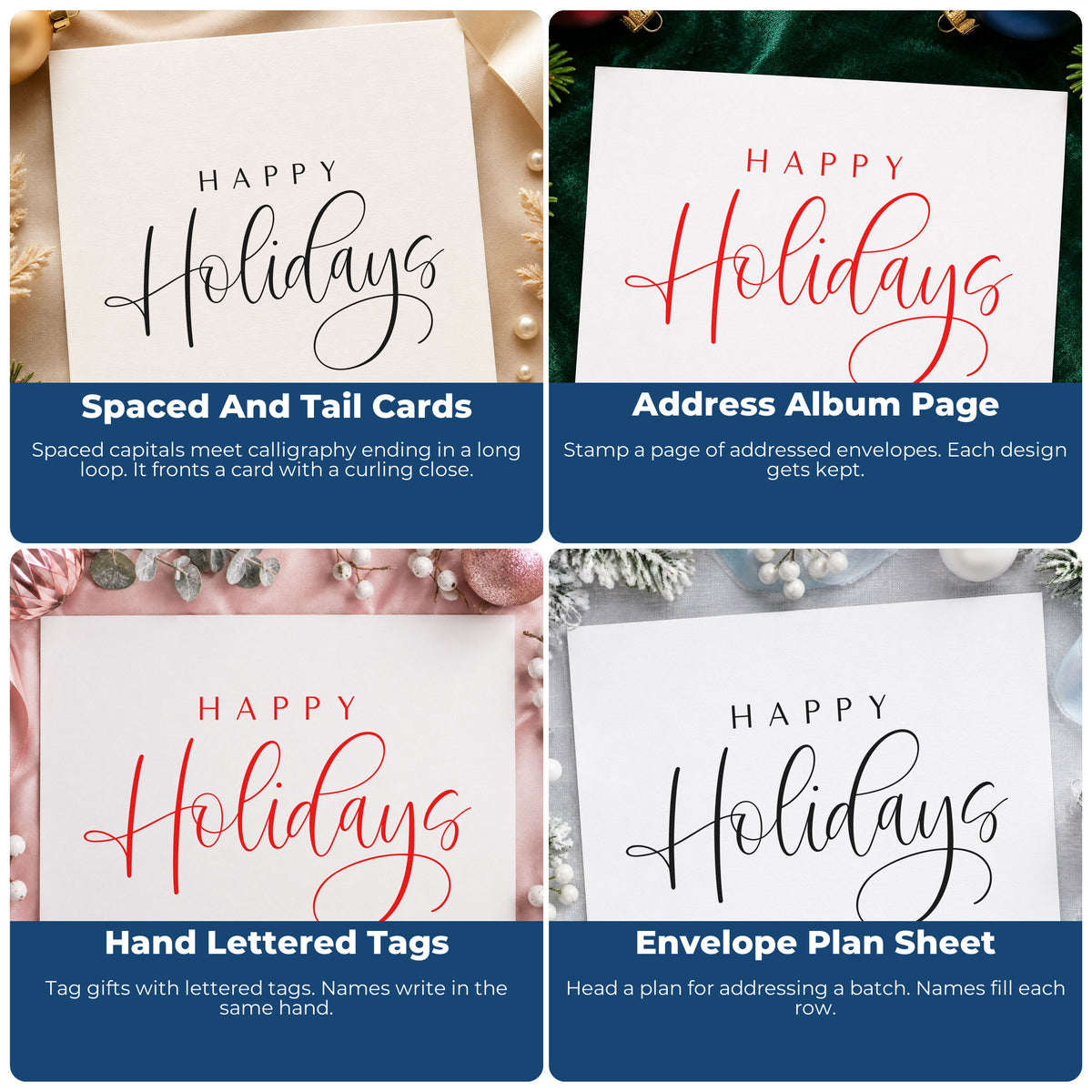Four ways to use the Happy Holidays Thin Calligraphy Block Lettering PSI Pre-Inked Stamp: spaced and tail cards, address album page, hand lettered tags and envelope plan sheet.