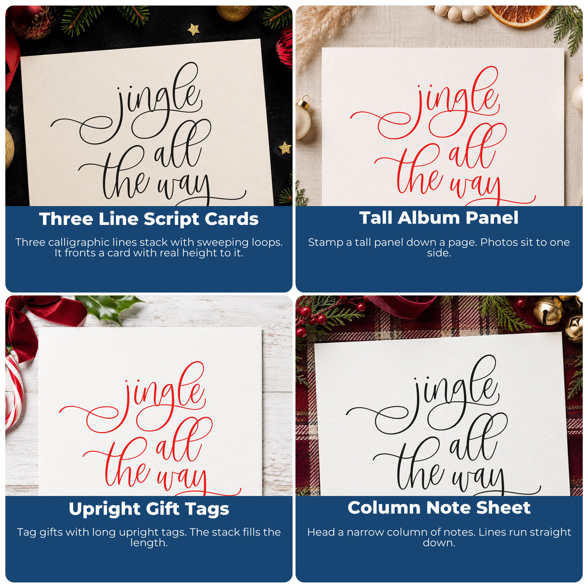 Four ways to use the Jingle All The Way Loops Calligraphy Premium Wooden Stamp - Vintage Pro: three line script cards, tall album panel, upright gift tags and column note sheet.