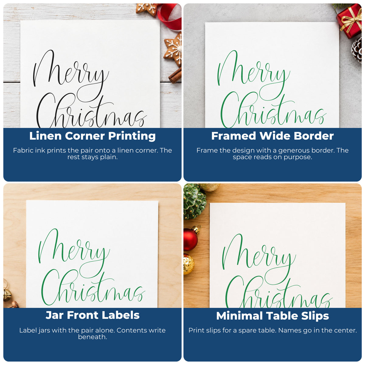 Four ways to use the Duo Hand Merry Christmas Airy Calligraphy Rubber Stamp: linen corner printing, framed wide border, jar front labels and minimal table slips.