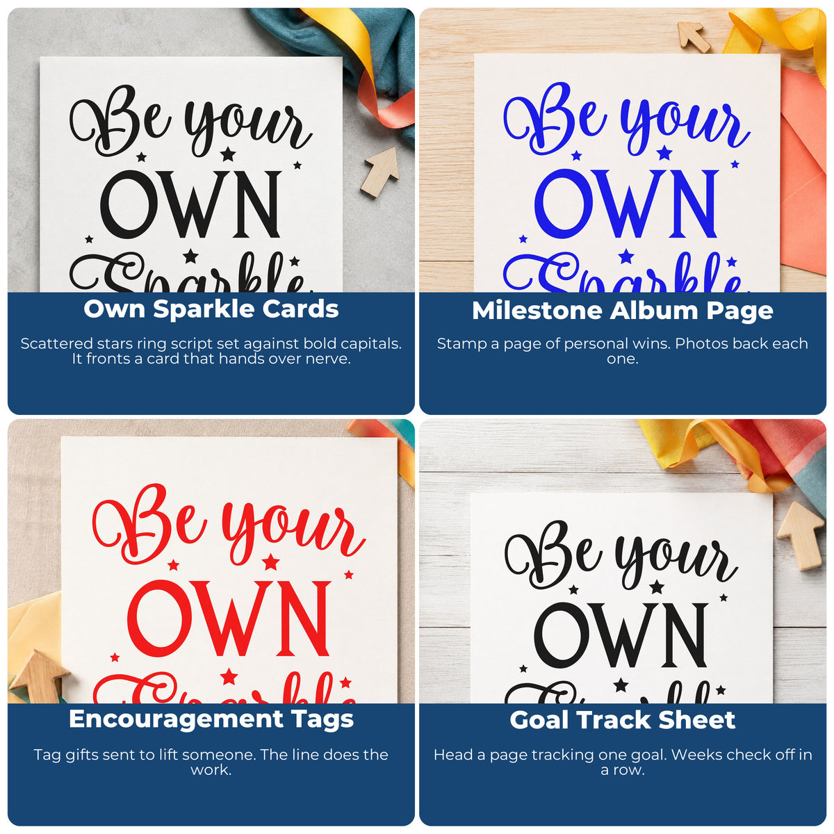 Four ways to use the Be Your Own Sparkle With Stars Pre-Inked Stamp – Slim: own sparkle cards, milestone album page, encouragement tags and goal track sheet.