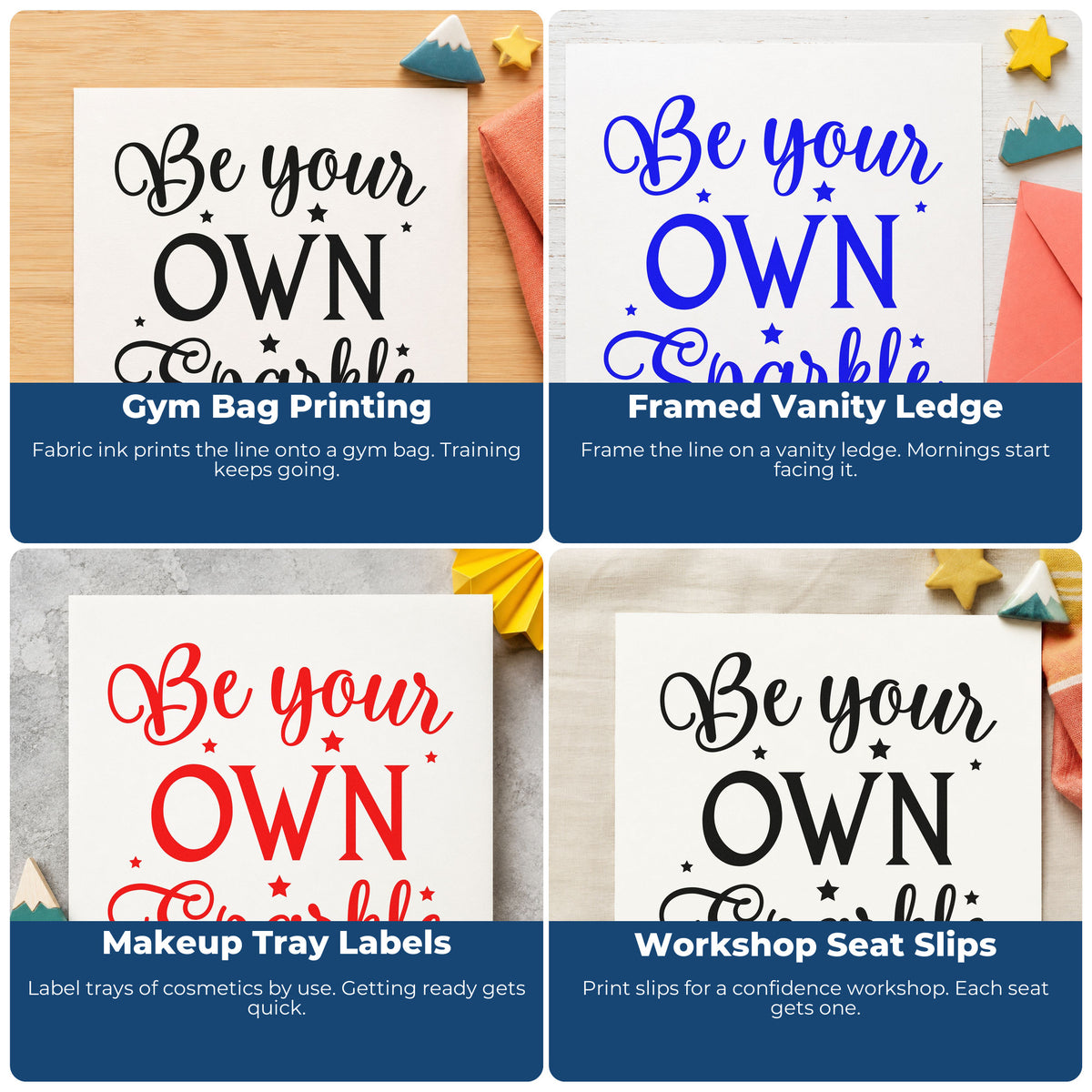 Four ways to use the Be Your Own Sparkle With Stars Pre-Inked Stamp – Slim: gym bag printing, framed vanity ledge, makeup tray labels and workshop seat slips.