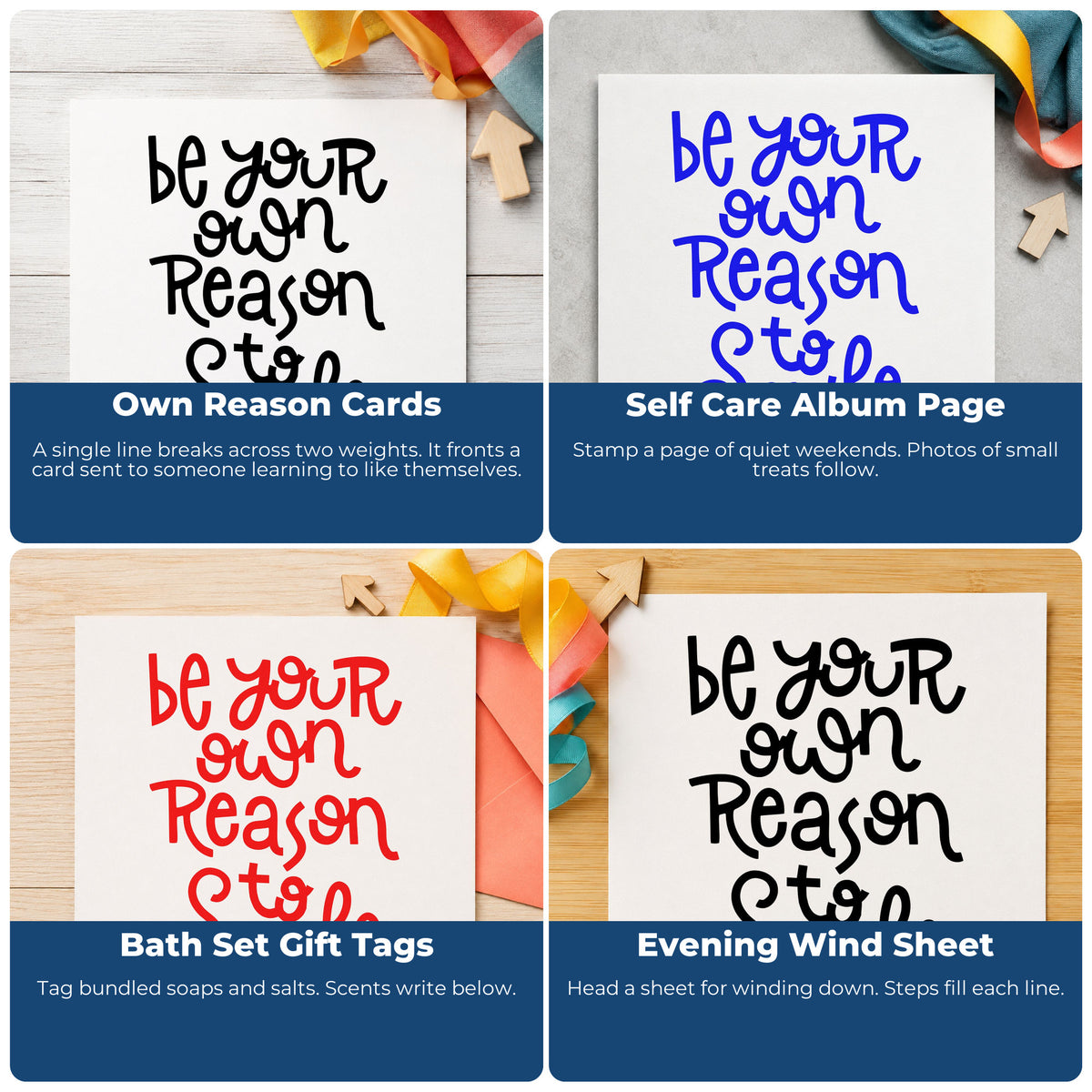 Four ways to use the Be Your Own Reason Smile Pre-Inked Stamp – Slim: own reason cards, self care album page, bath set gift tags and evening wind sheet.