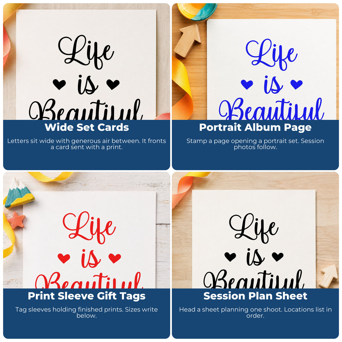Motivational rubber stamps for scrapbooks, cardmaking, journaling and gift tags to add uplifting phrases to handmade projects.