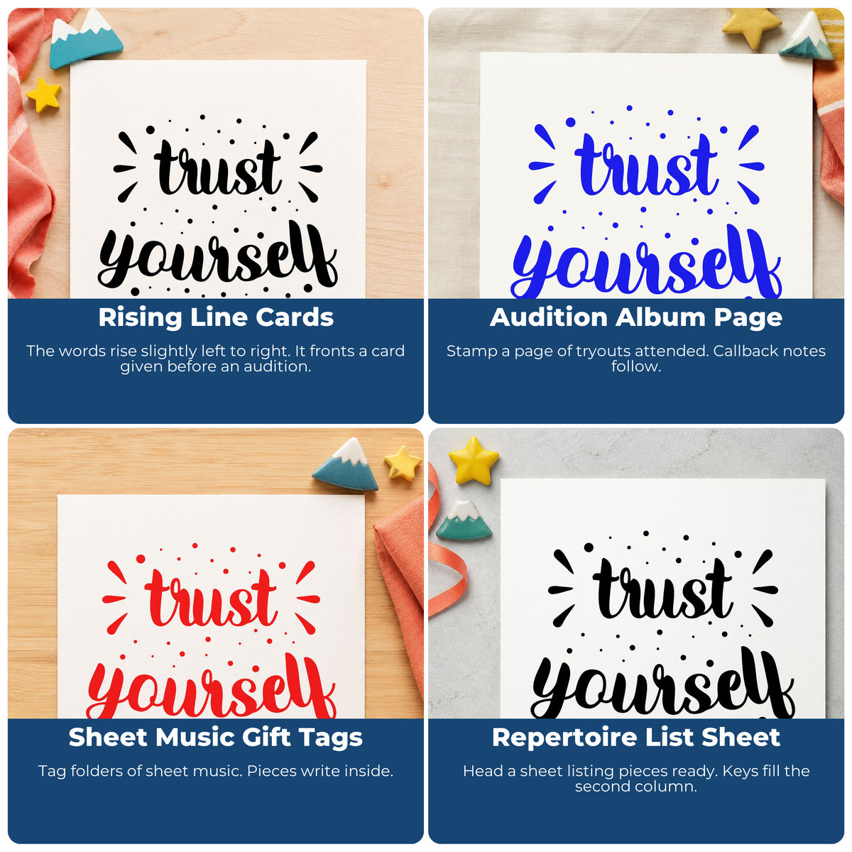 Four ways to use the Trust Yourself Dotted Lettering Self-Inking Stamp: rising line cards, audition album page, sheet music gift tags and repertoire list sheet.