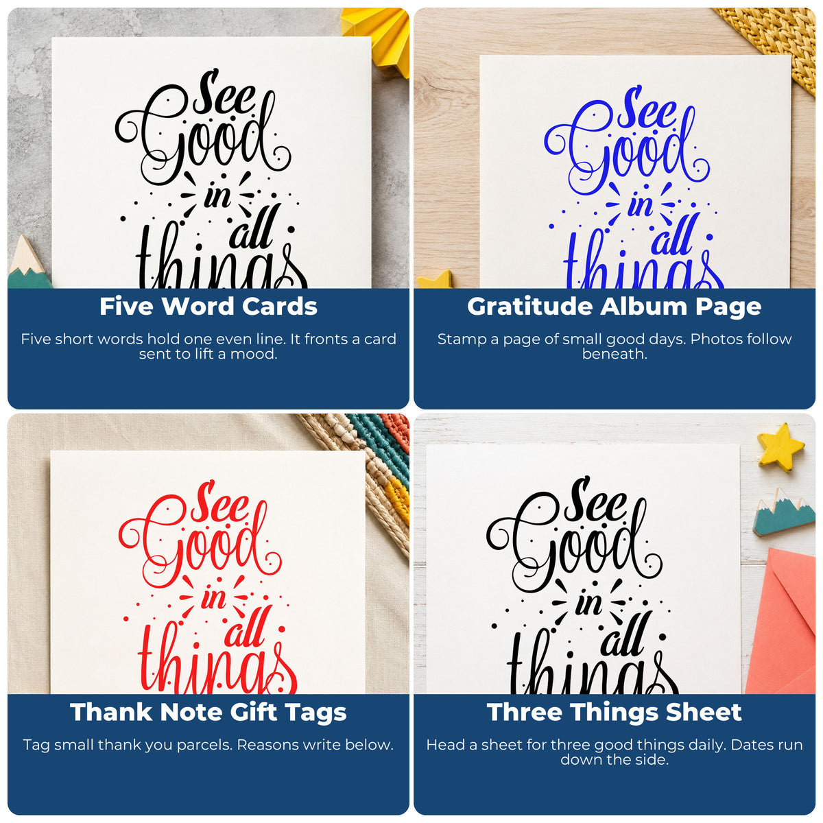 Collage of rubber stamps used for scrapbooking, cardmaking, journaling, and gift tags with motivational phrases.