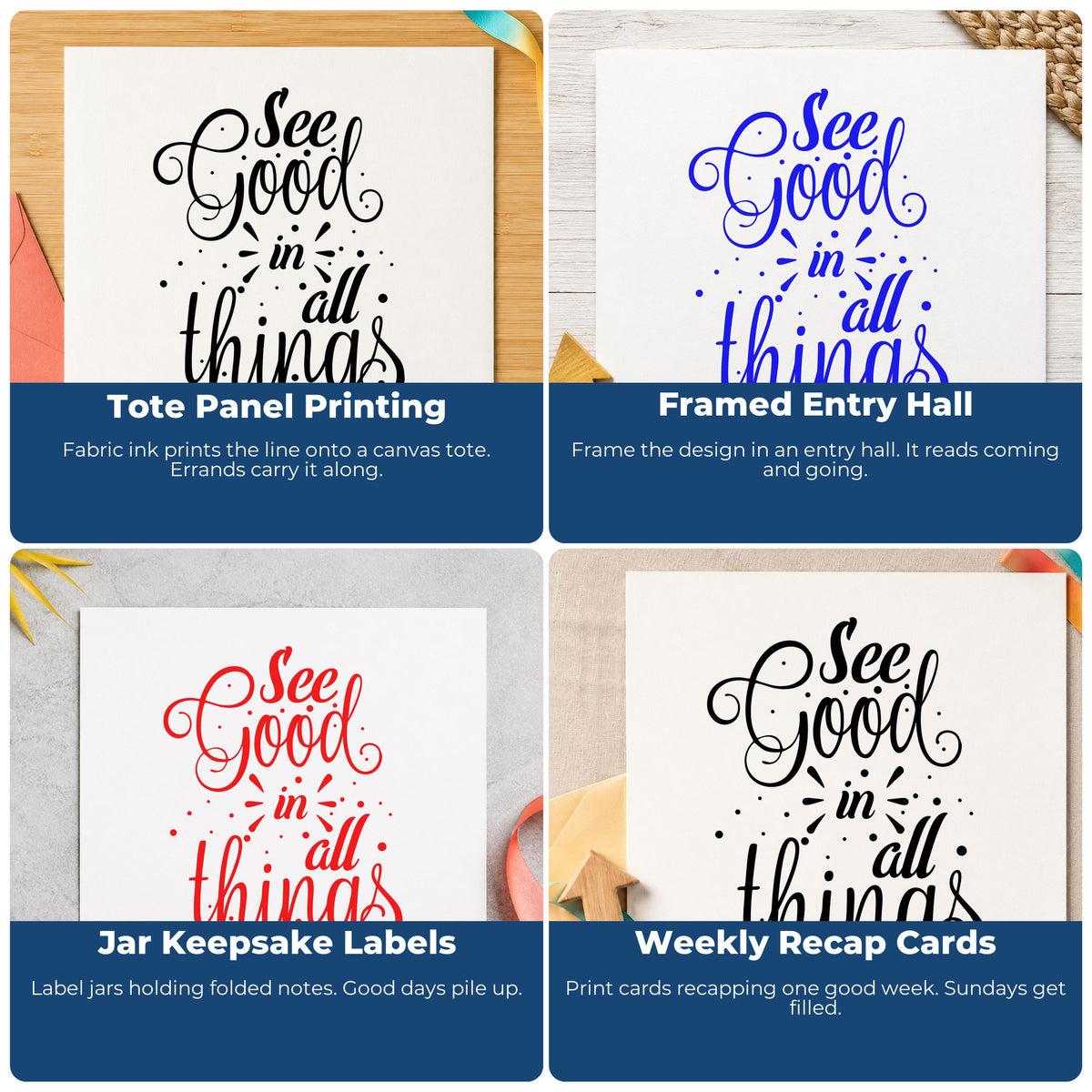 Motivational rubber stamp quote examples for habit trackers, vision boards, sticky notes, and planners.
