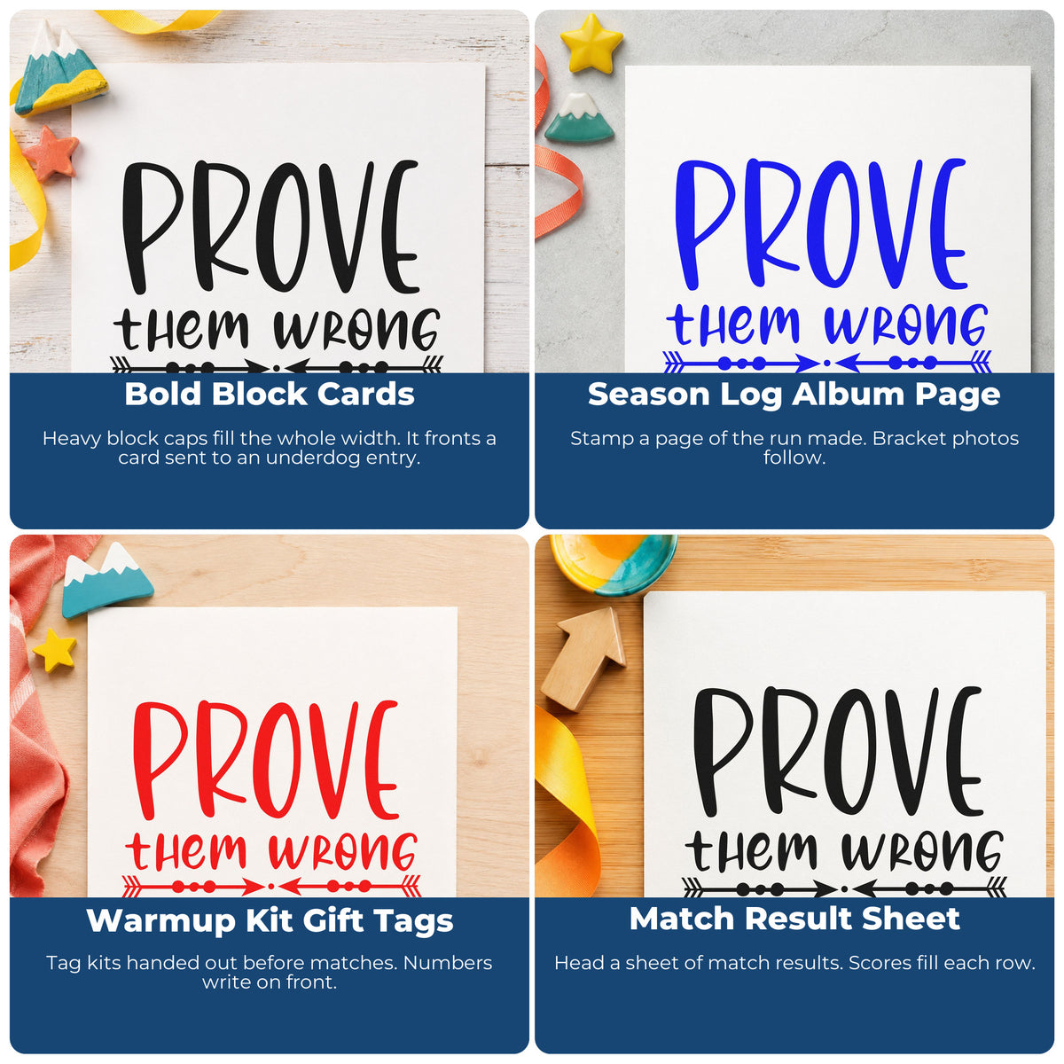 Four ways to use the Prove Them Wrong Inward Arrows Self-Inking Stamp: bold block cards, season log album page, warmup kit gift tags and match result sheet.