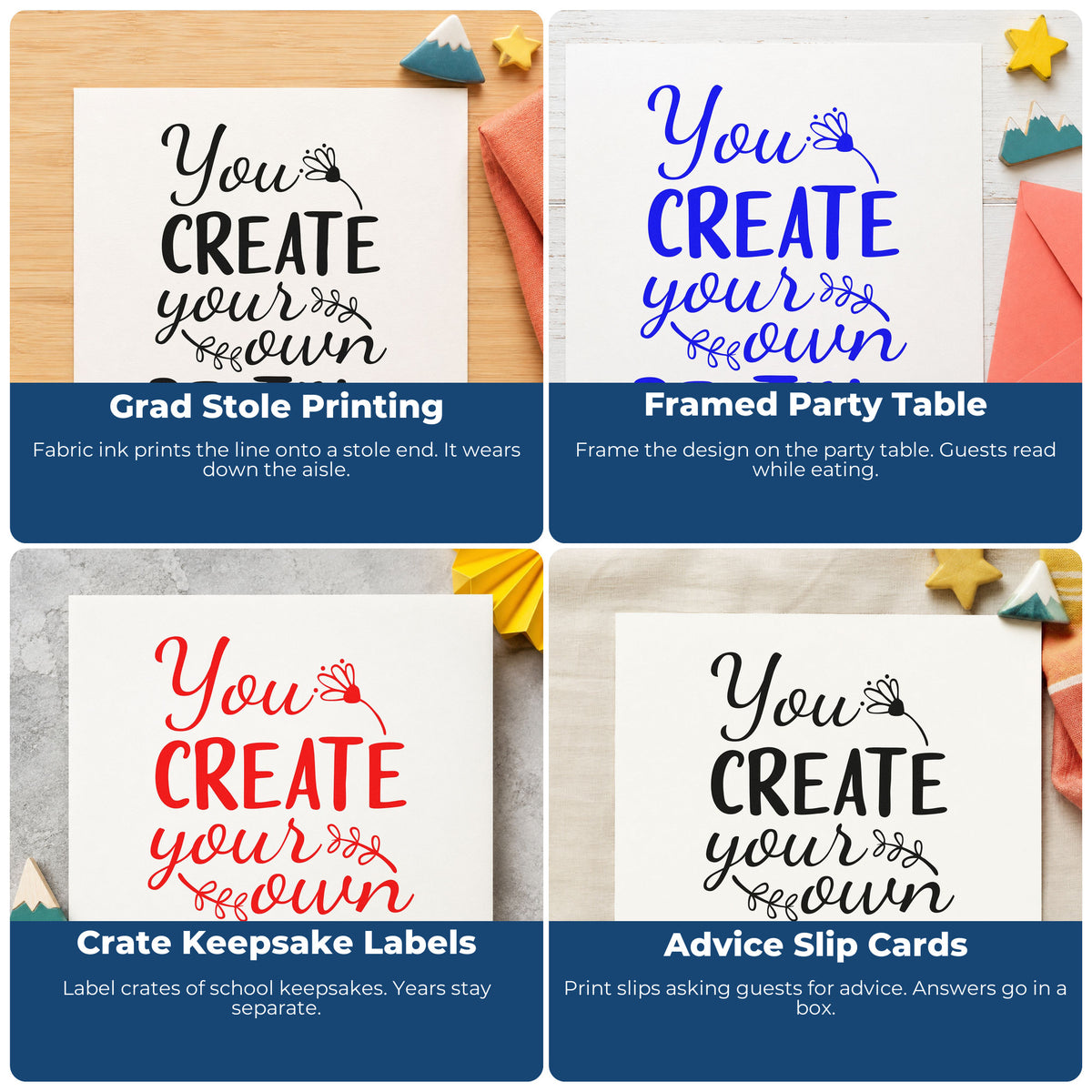 Four ways to use the You Create Your Own Destiny Stamp – Duo Hand: grad stole printing, framed party table, crate keepsake labels and advice slip cards.