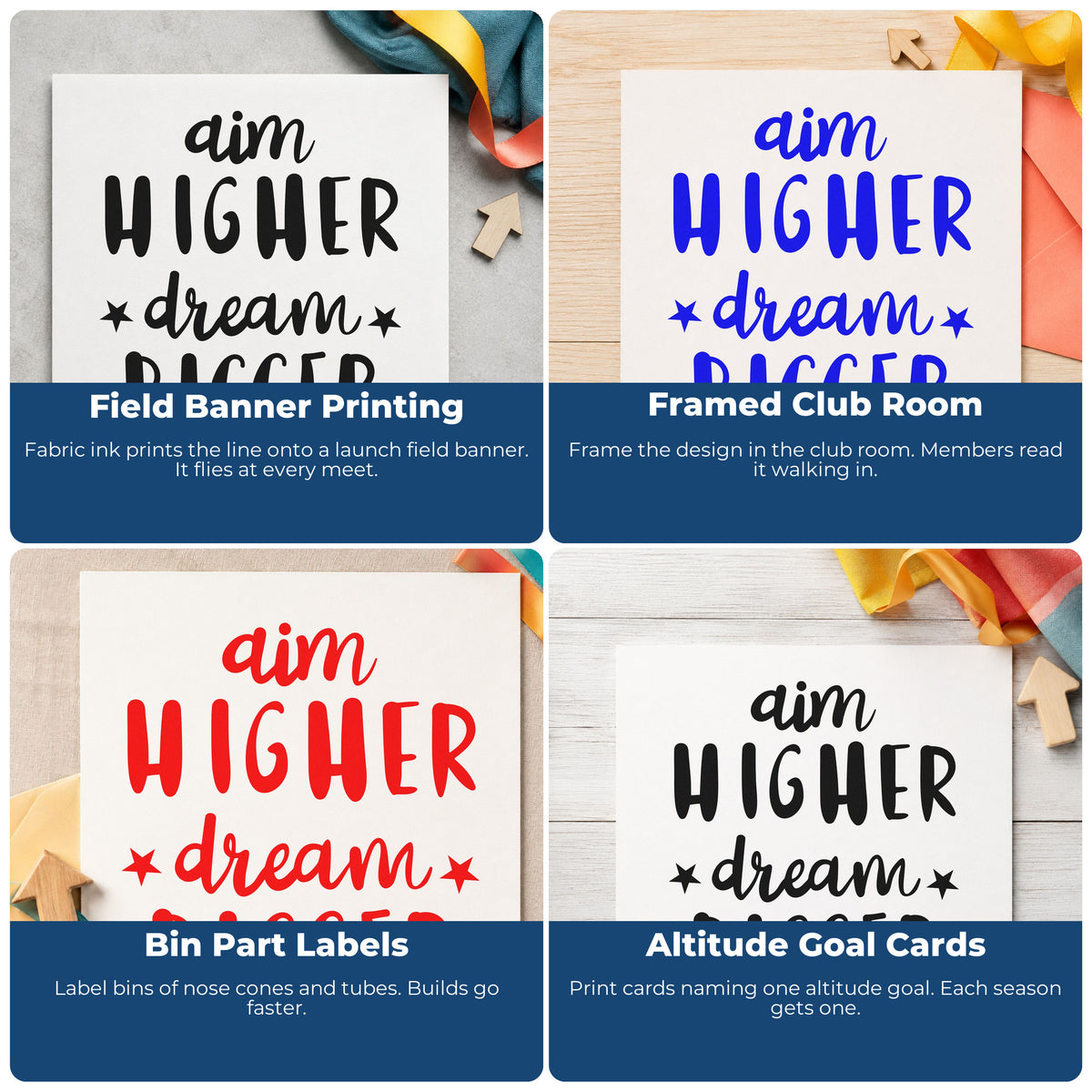 Four ways to use the Aim Higher Dream Bigger With Stars PSI Pre-Inked Stamp: field banner printing, framed club room, bin part labels and altitude goal cards.