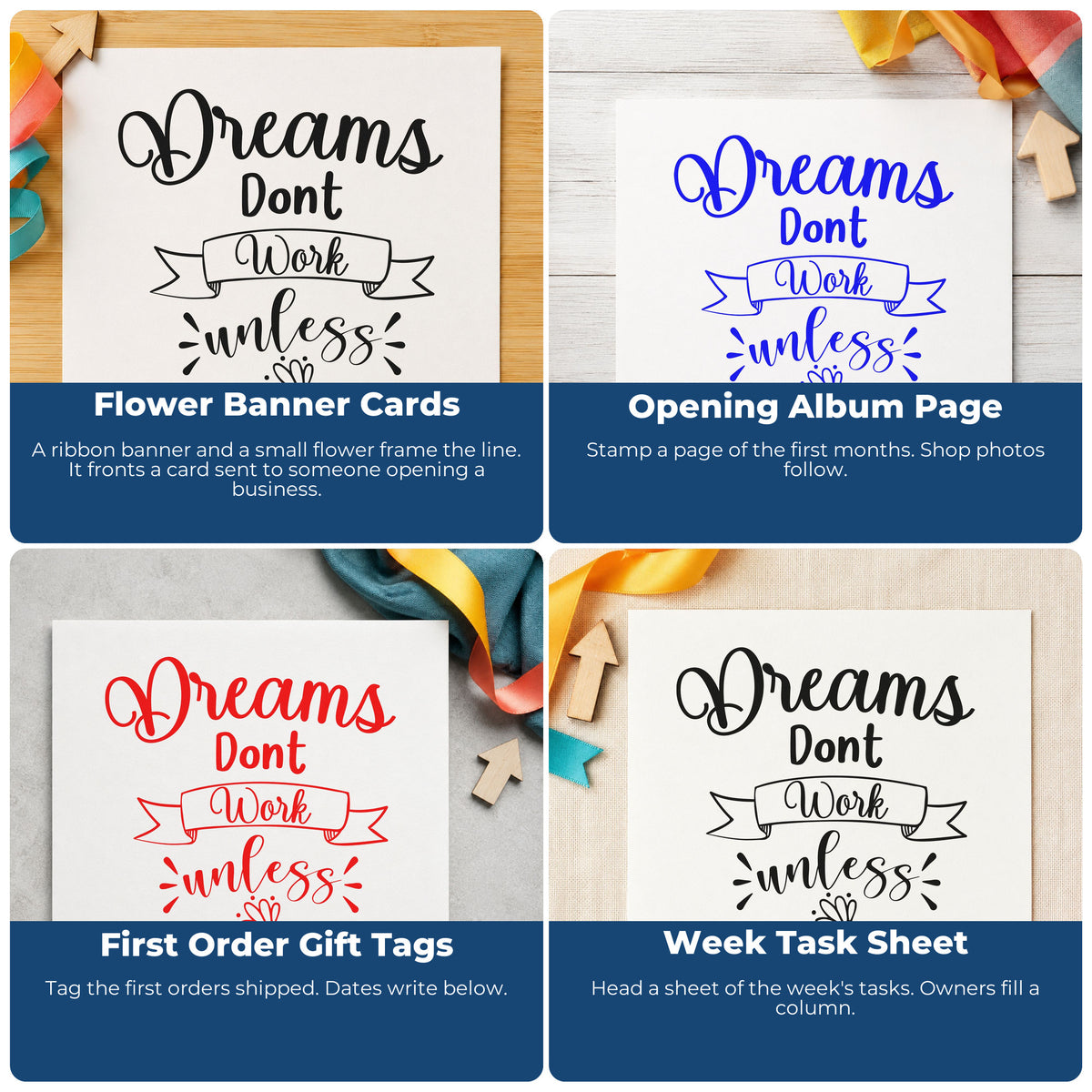 Motivational rubber stamps for scrapbooks, cardmaking, journaling and gift tags with uplifting phrases.