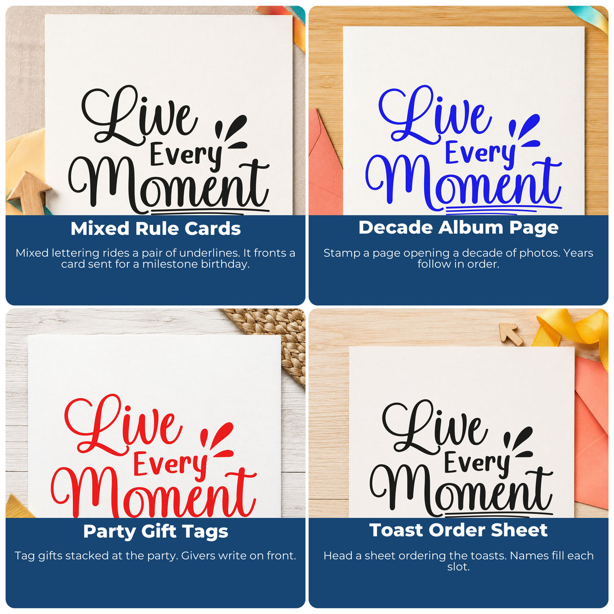 Motivational rubber stamps for scrapbooks, cardmaking, journaling, and gift tags to add uplifting messages to handmade projects.