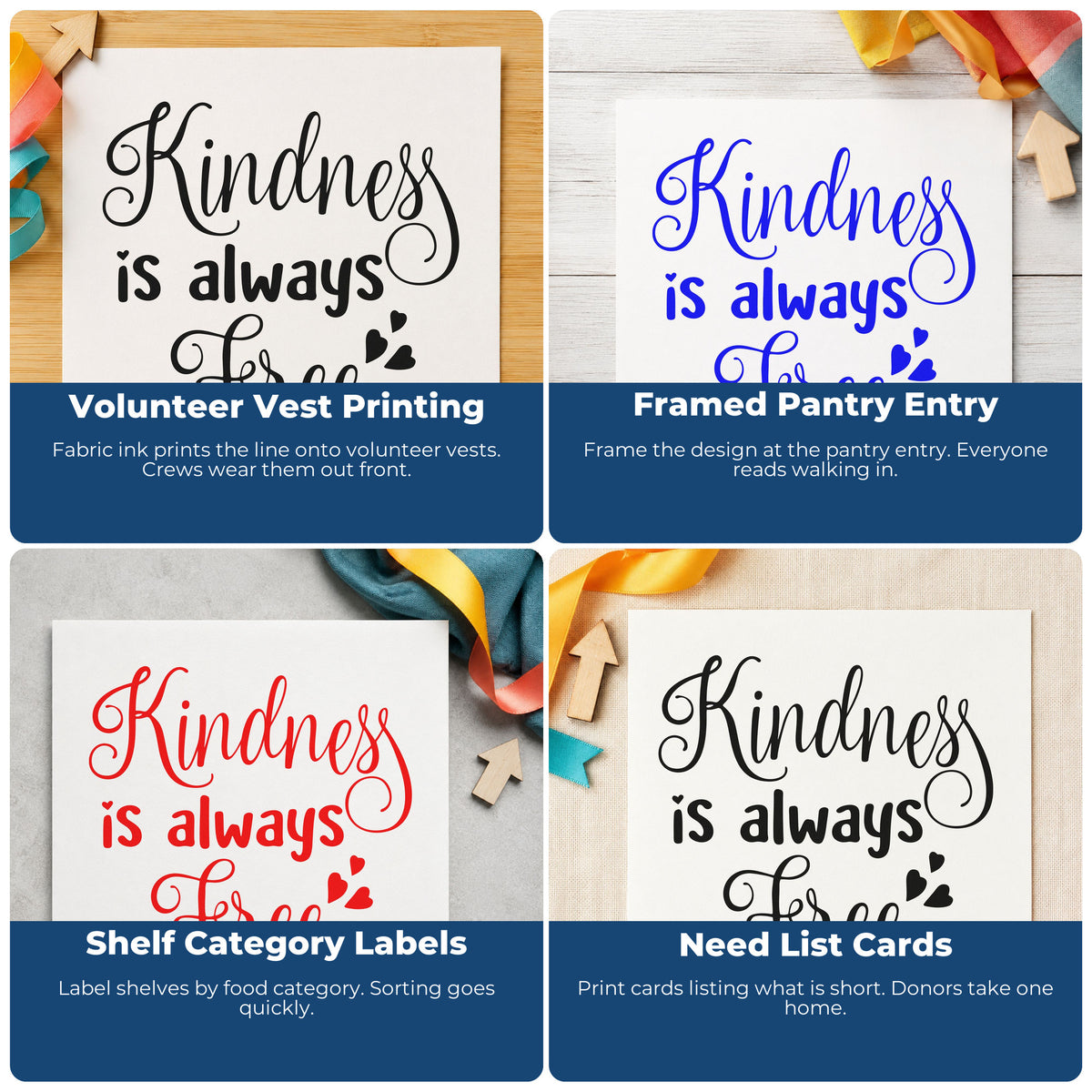 Four ways to use the Pre-Inked Kindness Is Always Free With Hearts Stamp – PSI: volunteer vest printing, framed pantry entry, shelf category labels and need list cards.