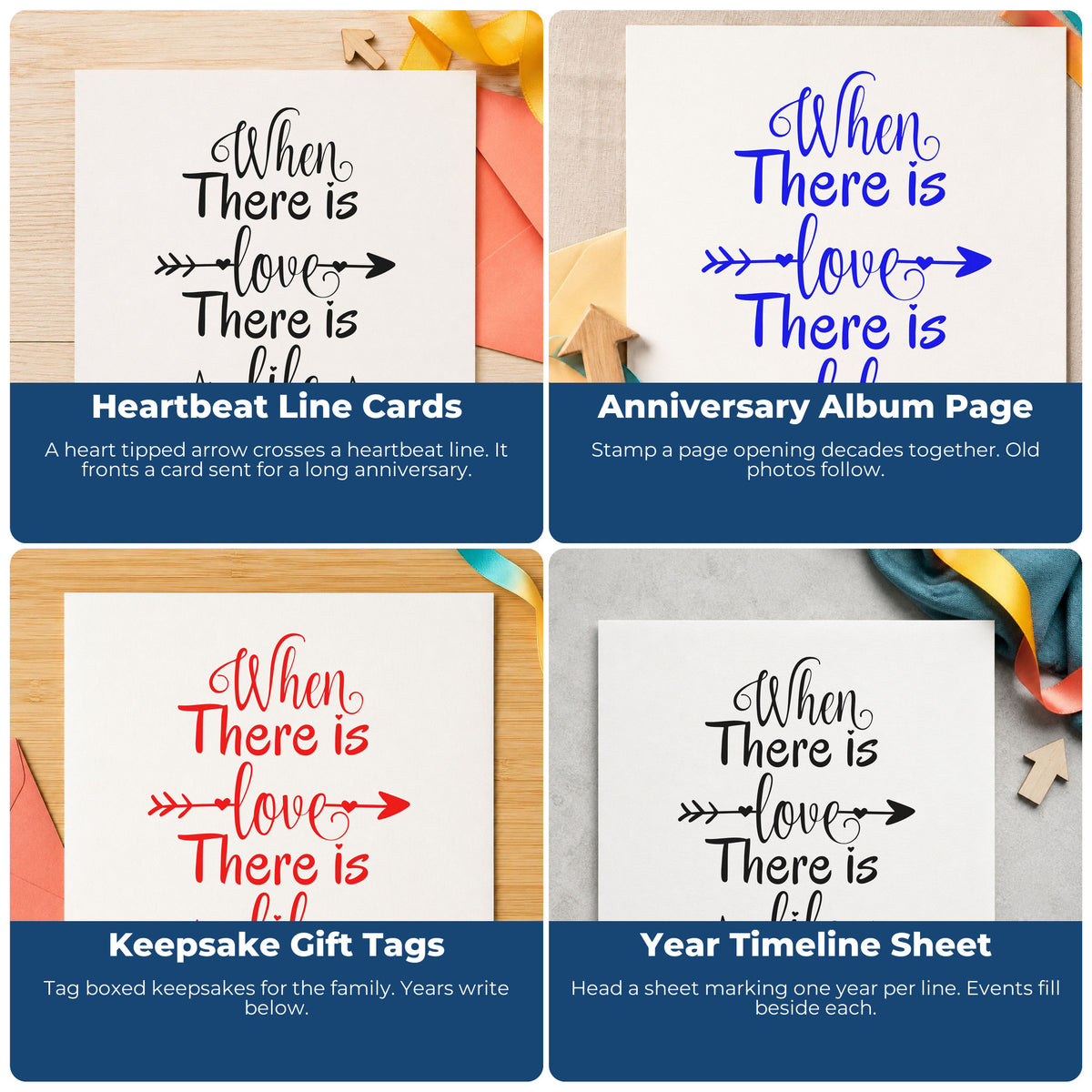Four ways to use the When There Is Love There Is Life Pre-Inked Stamp – Slim: heartbeat line cards, anniversary album page, keepsake gift tags and year timeline sheet.