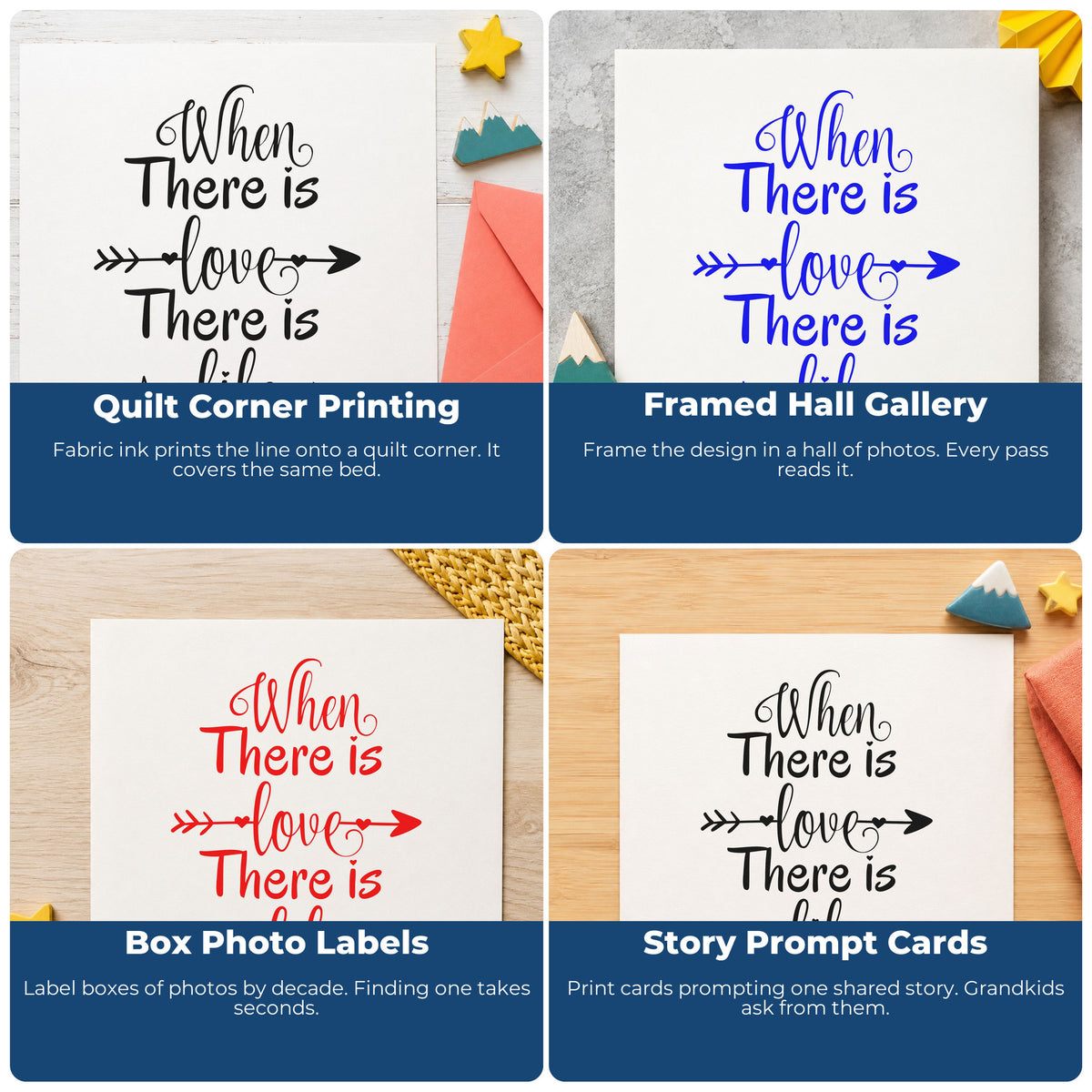 Four ways to use the When There Is Love There Is Life Pre-Inked Stamp – Slim: quilt corner printing, framed hall gallery, box photo labels and story prompt cards.