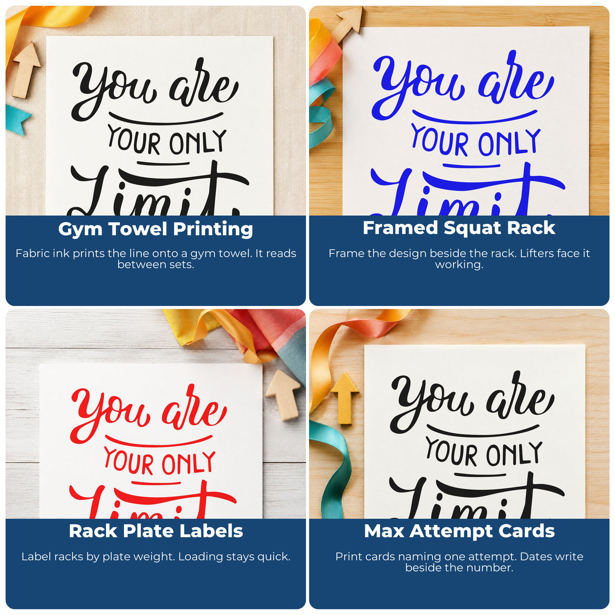 Four ways to use the Wood Handle You Are Your Only Limit Lettering Rubber Stamp: gym towel printing, framed squat rack, rack plate labels and max attempt cards.