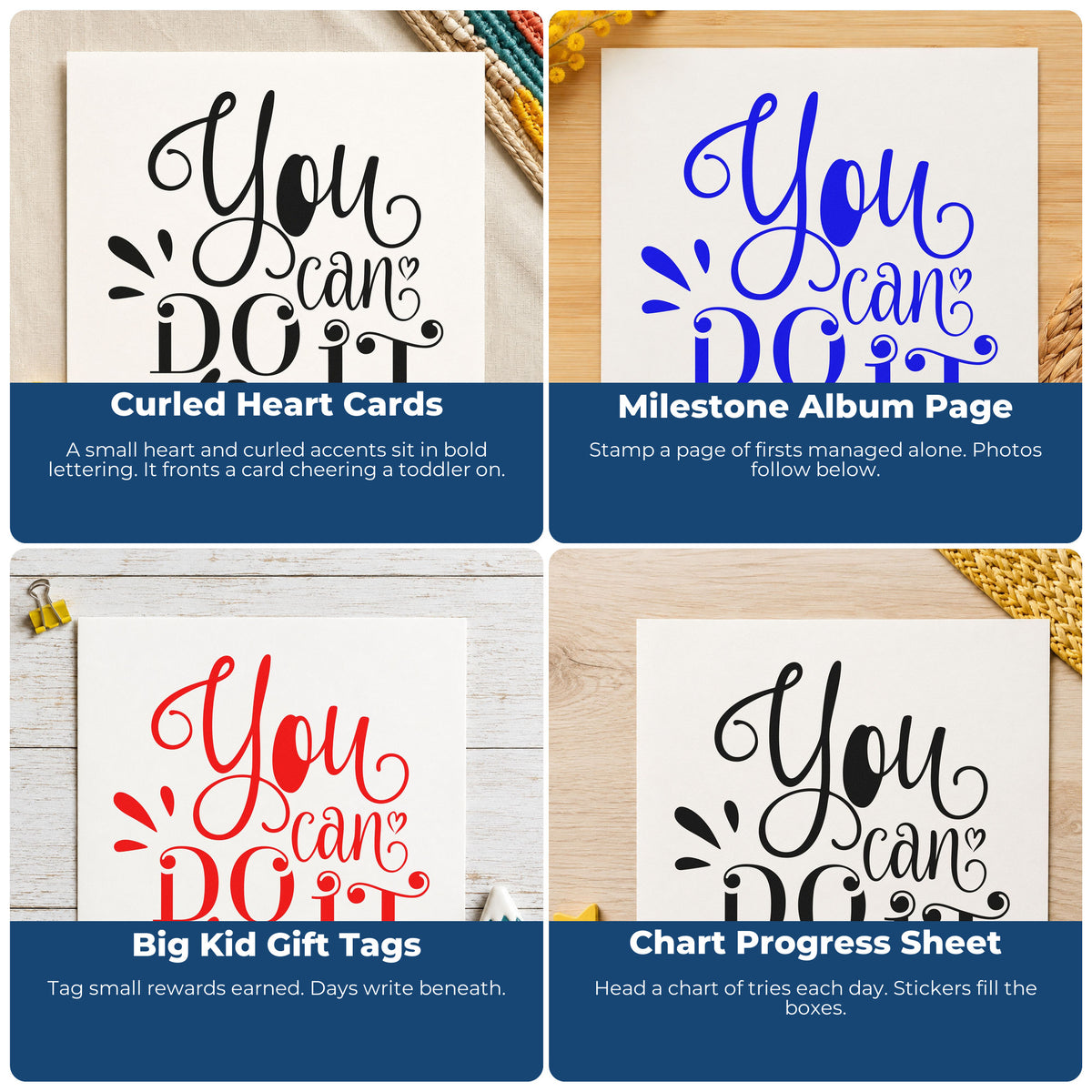 Collage of motivational rubber stamp designs for scrapbooks, cardmaking, journaling, and handmade gift tags.