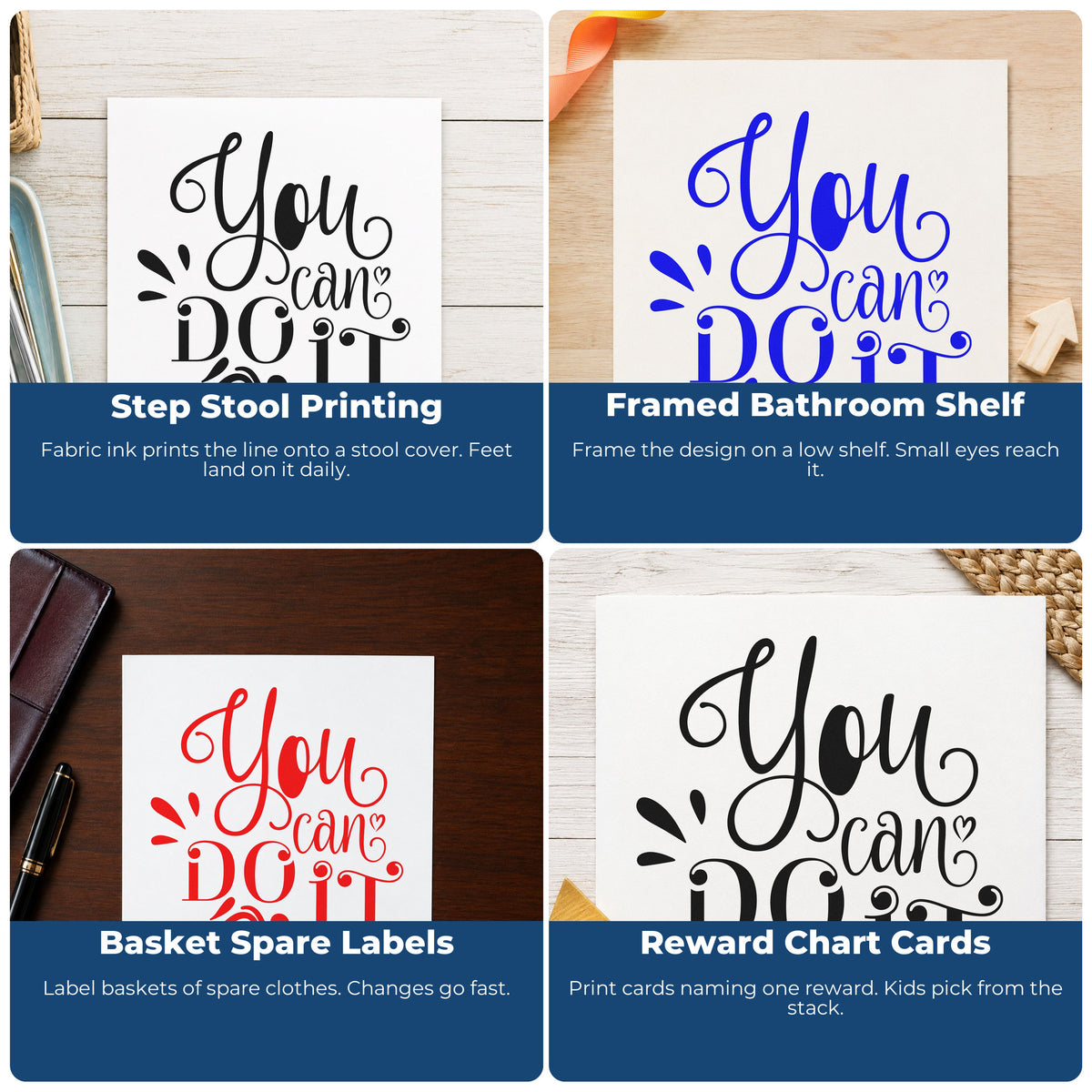 Motivational rubber stamps used for habit trackers, vision boards, sticky notes, and personal planners with uplifting quotes.