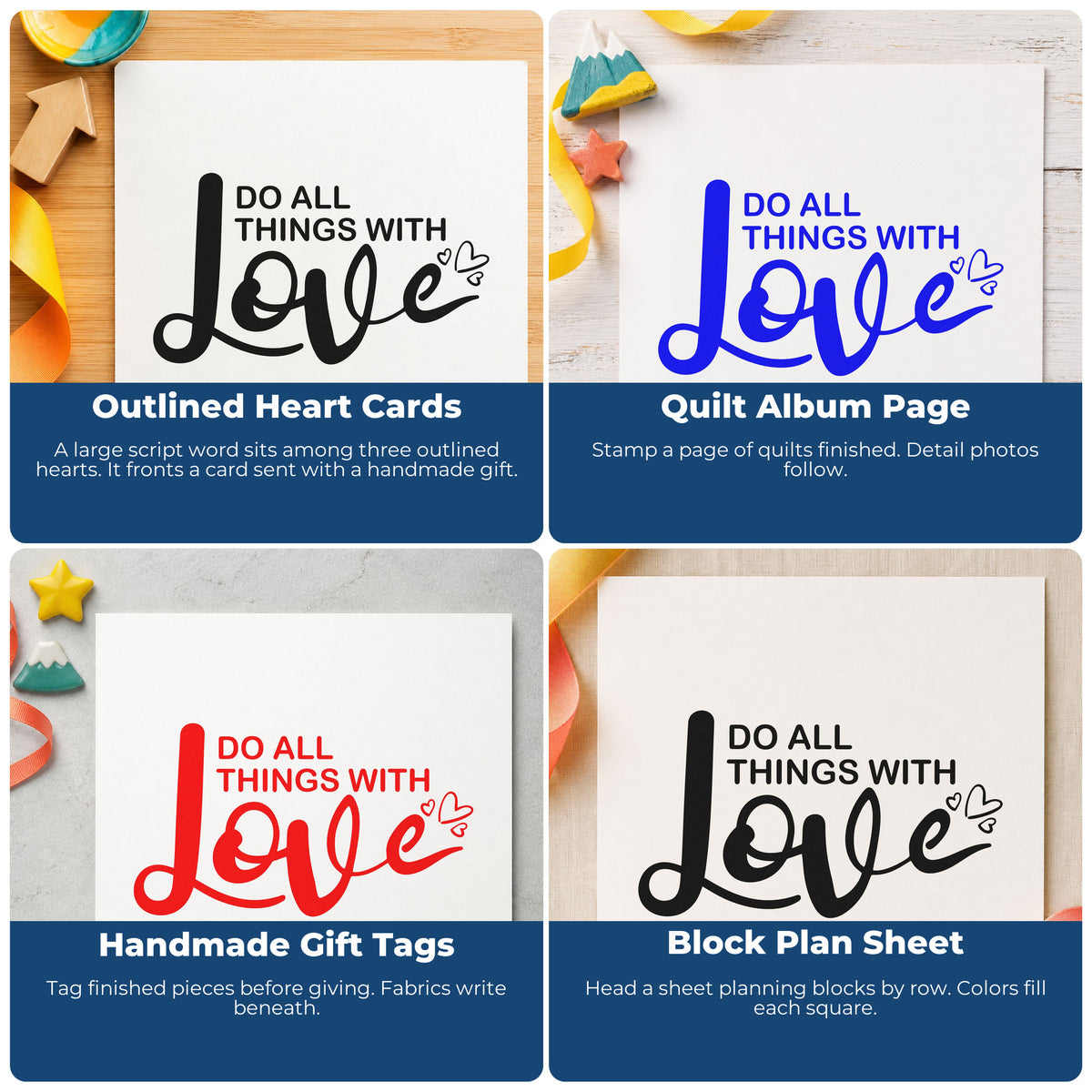 Motivational rubber stamps for scrapbooks, cardmaking, journaling, and gift tags with uplifting handmade paper craft phrases.