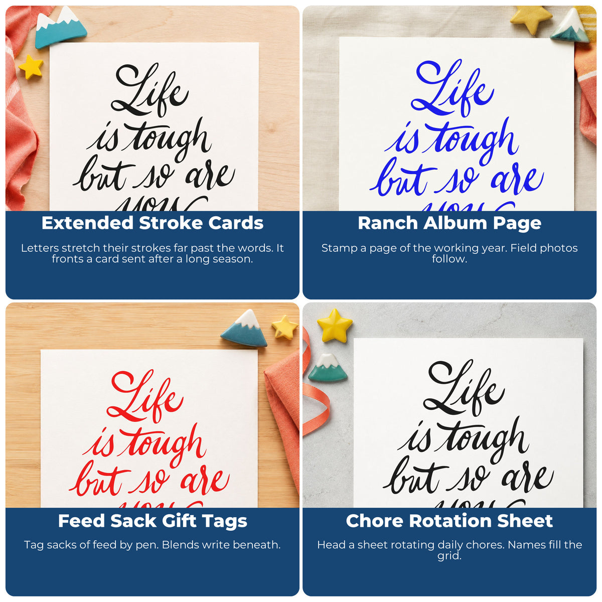 Motivational rubber stamp uses for scrapbooks, cards, journals, and gift tags with uplifting handwritten-style quotes.