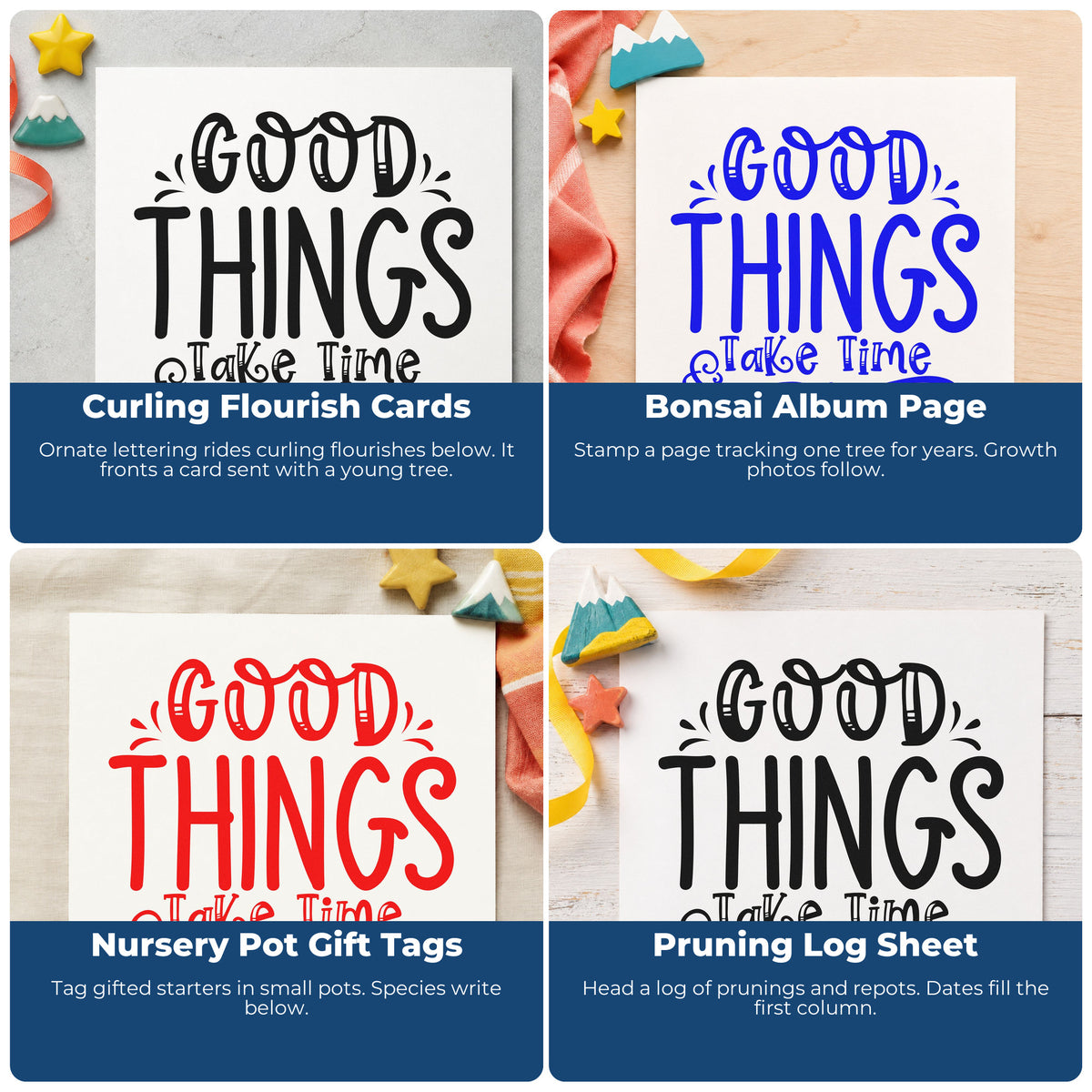 Motivational rubber stamp ideas for scrapbooks, cards, journals, and gift tags to add uplifting handmade touches.