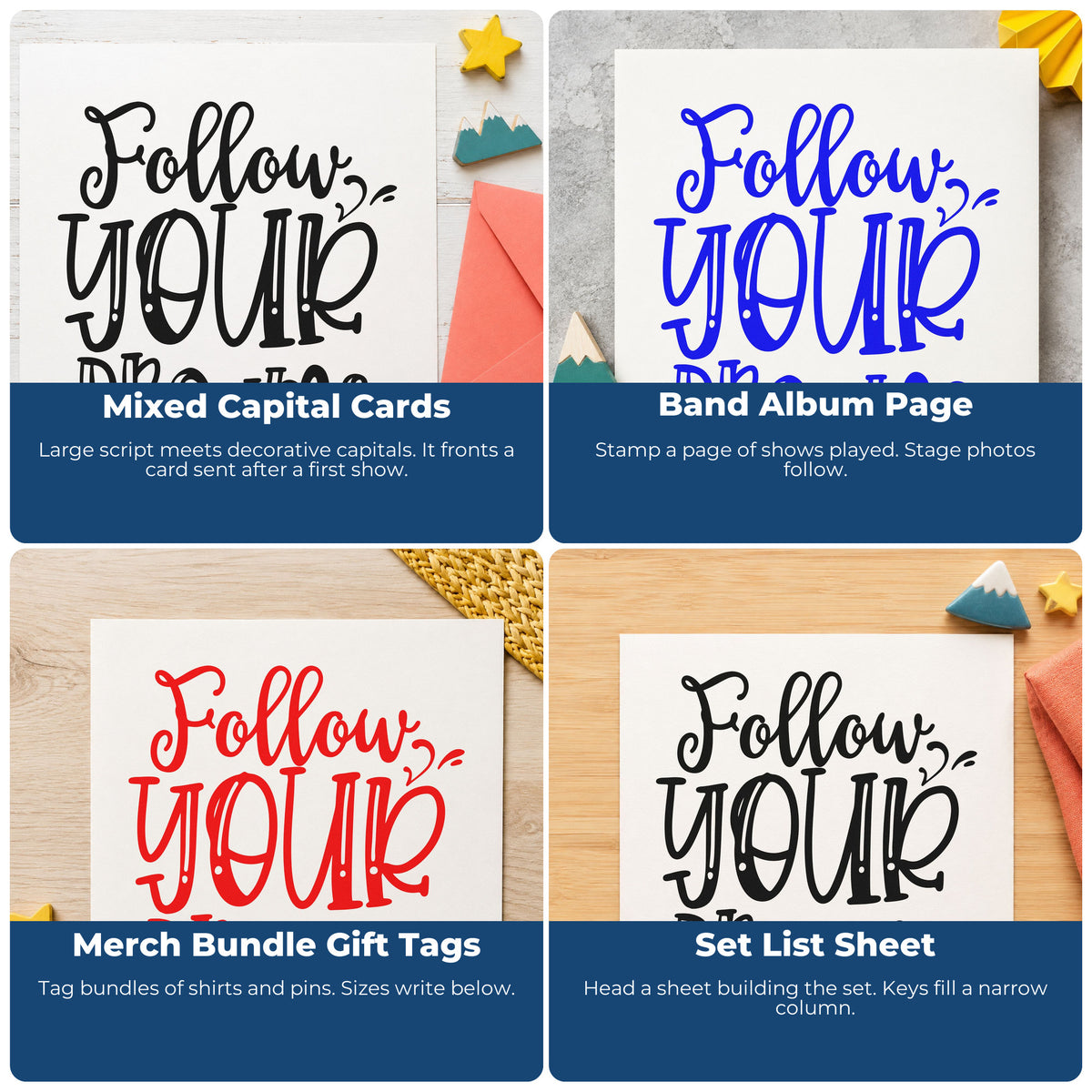 Four ways to use the Follow Your Dreams Stamp – Self-Inking: mixed capital cards, band album page, merch bundle gift tags and set list sheet.