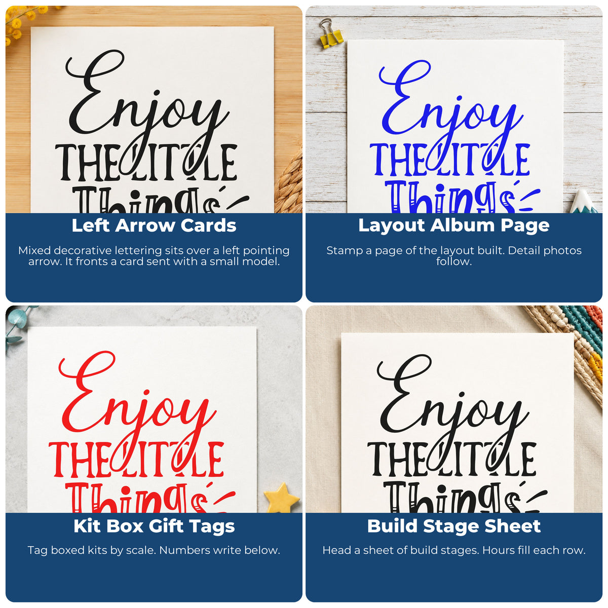 Four ways to use the Duo Hand Enjoy The Little Things Arrow Rubber Stamp: left arrow cards, layout album page, kit box gift tags and build stage sheet.